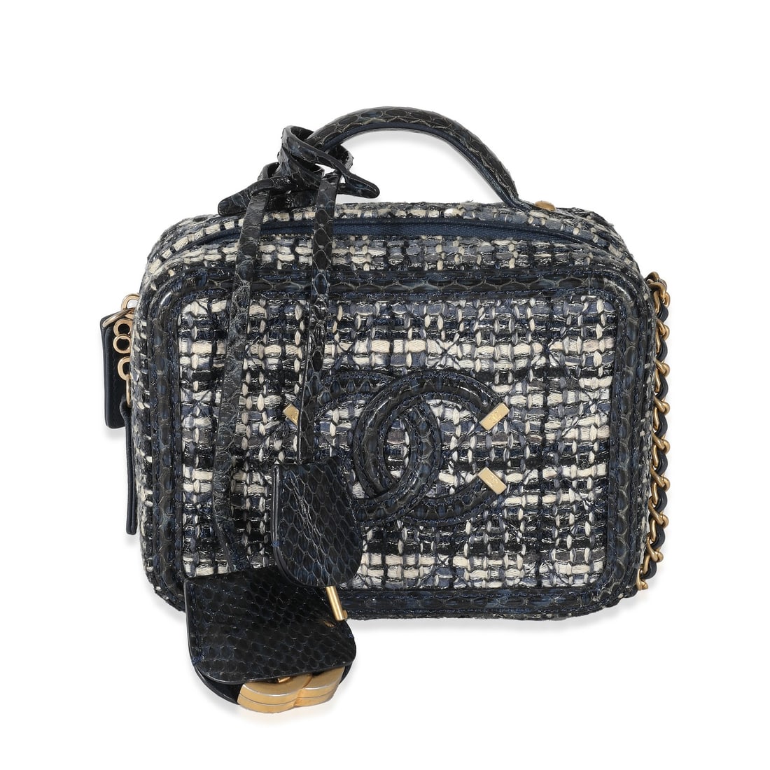 Chanel Small CC Filigree Vanity Case Navy Tweed Snakeskin 2018: Chanel Small CC Filigree Vanity Case Navy Tweed Snakeskin 2018 This Chanel Small CC Filigree Vanity Case combines exquisite design with luxurious materials, featuring a stunning navy tweed and snakesk