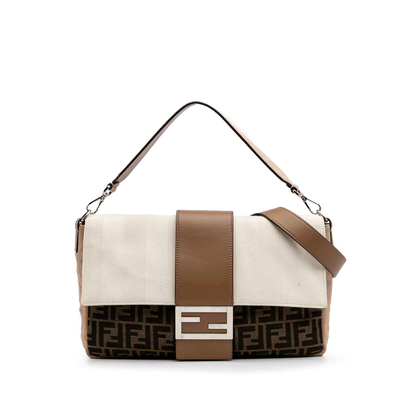 Fendi Large Zucca Pequin Canvas Convertible Baguette Satchel: Fendi Large Zucca Pequin Canvas Convertible Baguette Satchel Introducing the Fendi Large Zucca and Pequin Canvas Convertible Baguette Satchel, a stylish and versatile accessory crafted from high-quali