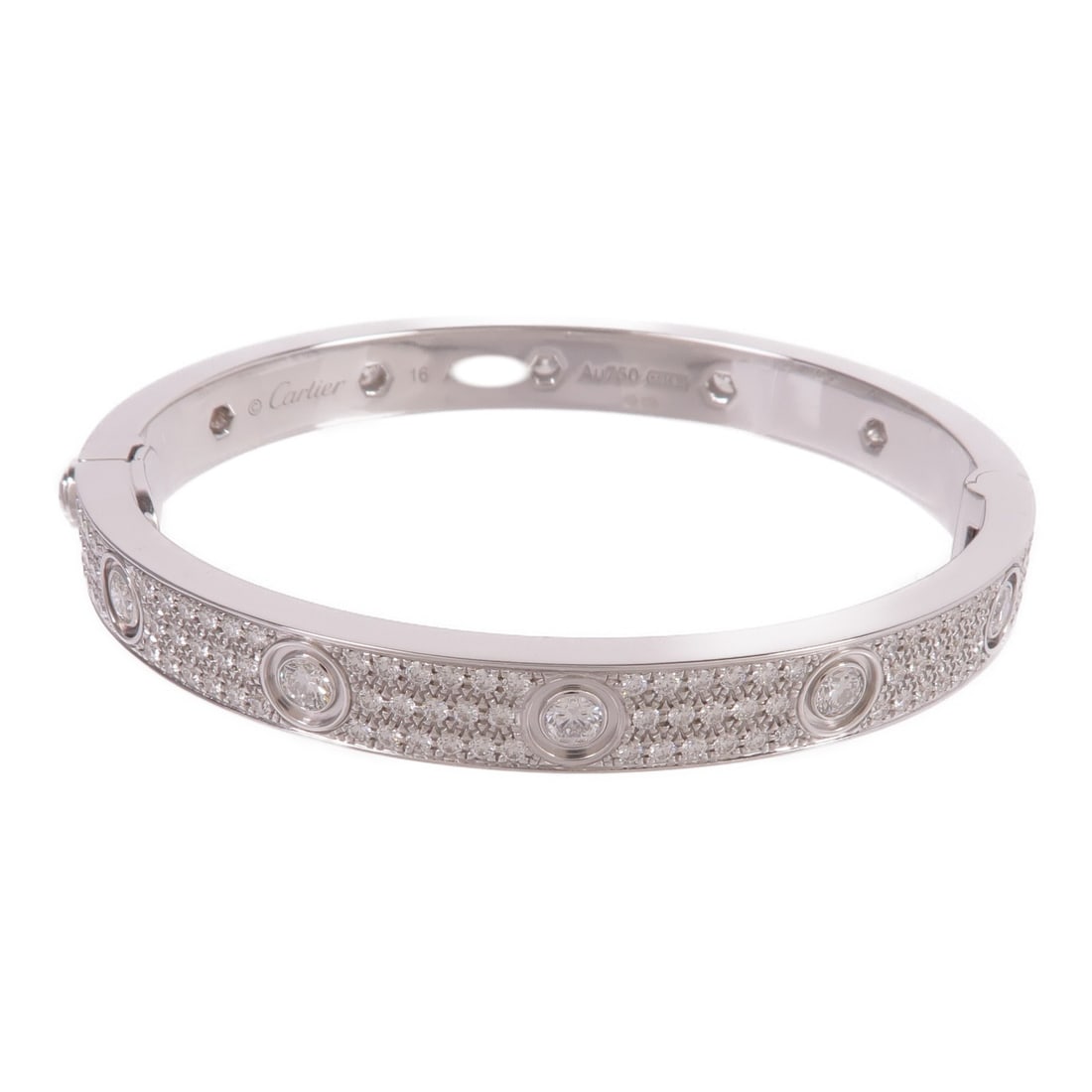 18K White Gold Cartier Love Bracelet with Full Diamond Setting Size 16: 18K White Gold Cartier Love Bracelet with Full Diamond Setting Size 16 This Cartier Love bracelet features a full diamond design set in 18K white gold. Crafted in France, this elegant bracelet showcas