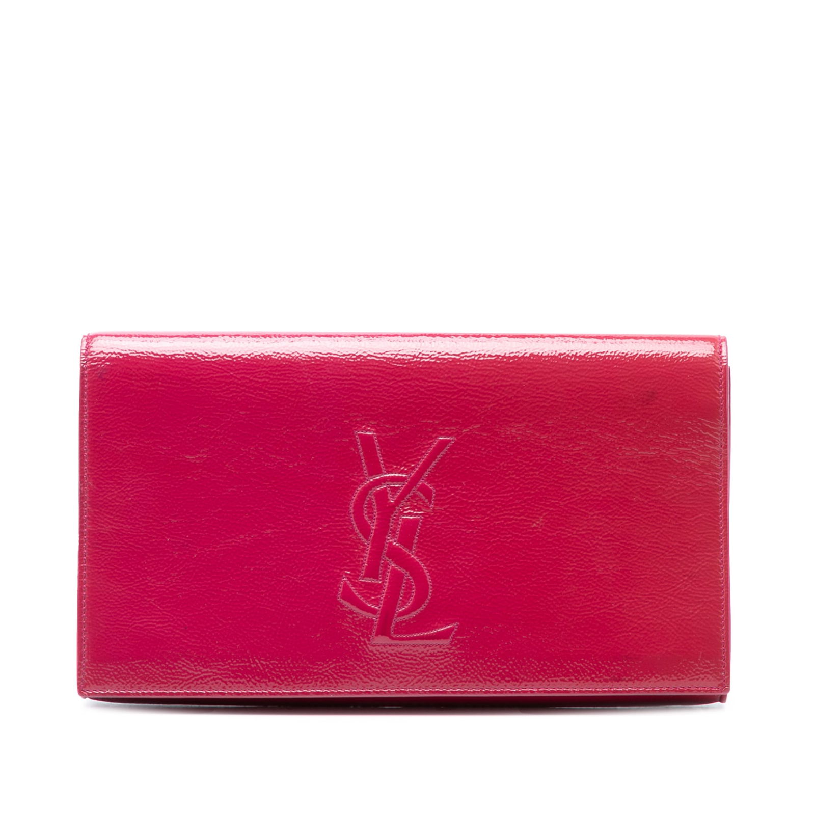 Pink Belle De Jour Patent Leather Clutch by Saint Laurent: Pink Belle De Jour Patent Leather Clutch by Saint Laurent This Saint Laurent Large Textured Patent Belle De Jour Clutch features a pink patent leather body with a textured finish. The design includes