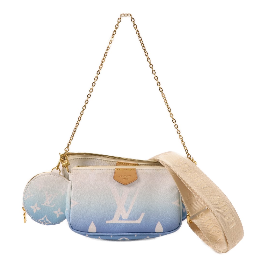 Louis Vuitton Monogram Giant Multi Pochette Shoulder Bag White Blue GHW: Louis Vuitton Monogram Giant Multi Pochette Shoulder Bag White Blue GHW This Louis Vuitton Multi Pochette 2-way shoulder bag features the Monogram Giant motif in white and blue. Crafted from PVC coate