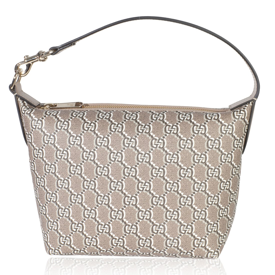 Super Mini Ophidia Shoulder Bag in Taupe GG Canvas by Gucci: Super Mini Ophidia Shoulder Bag in Taupe GG Canvas by Gucci This Gucci Super Mini Ophidia shoulder bag features the signature GG Shadow monogram canvas in a taupe tan color. The bag is designed in a c