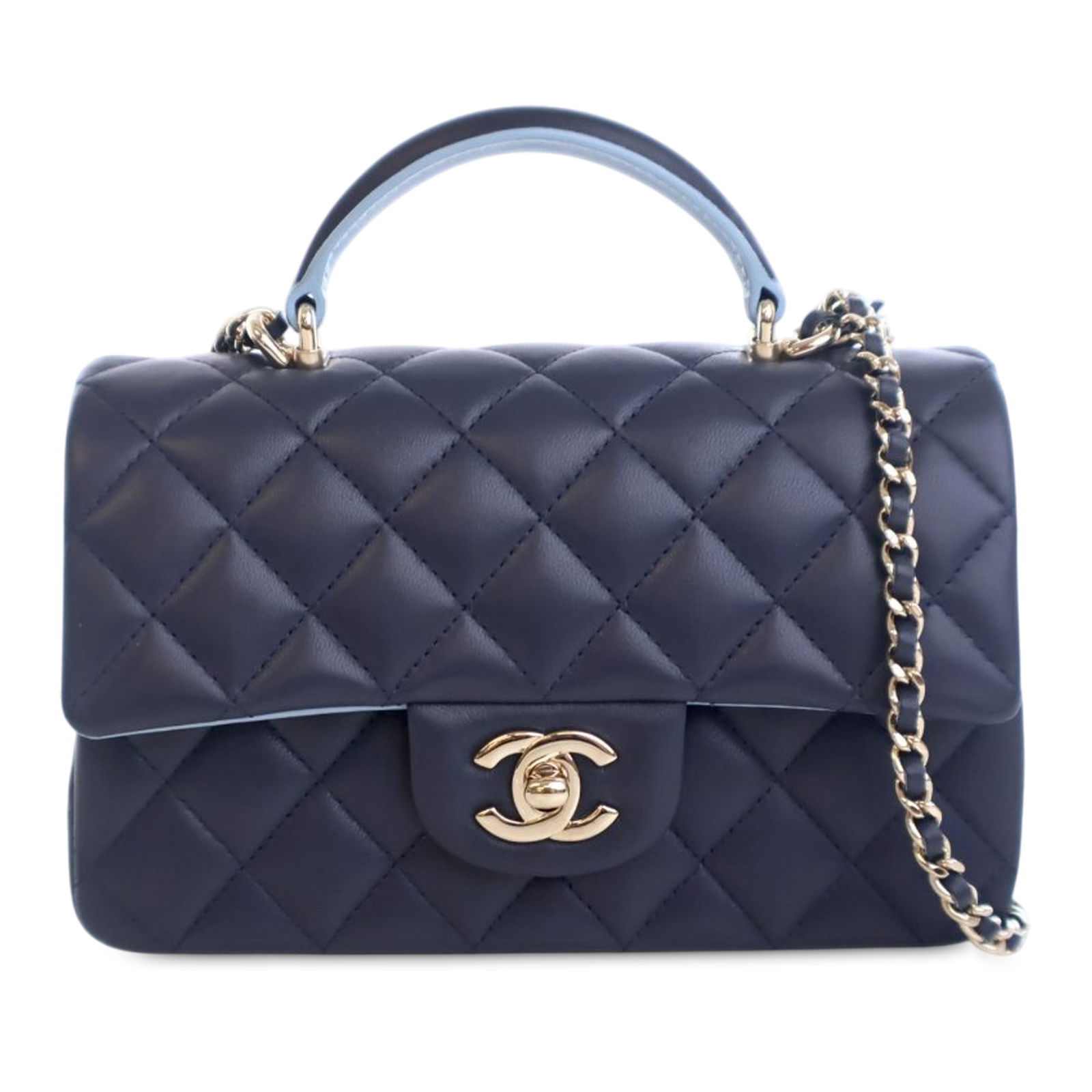 Chanel Mini Rectangular Blue Quilted Lambskin Flap Satchel with Top Handle: Chanel Mini Rectangular Blue Quilted Lambskin Flap Satchel with Top Handle This Chanel Mini Rectangular Top Handle Flap satchel showcases quilted lambskin leather, a flat leather handle, and a leather