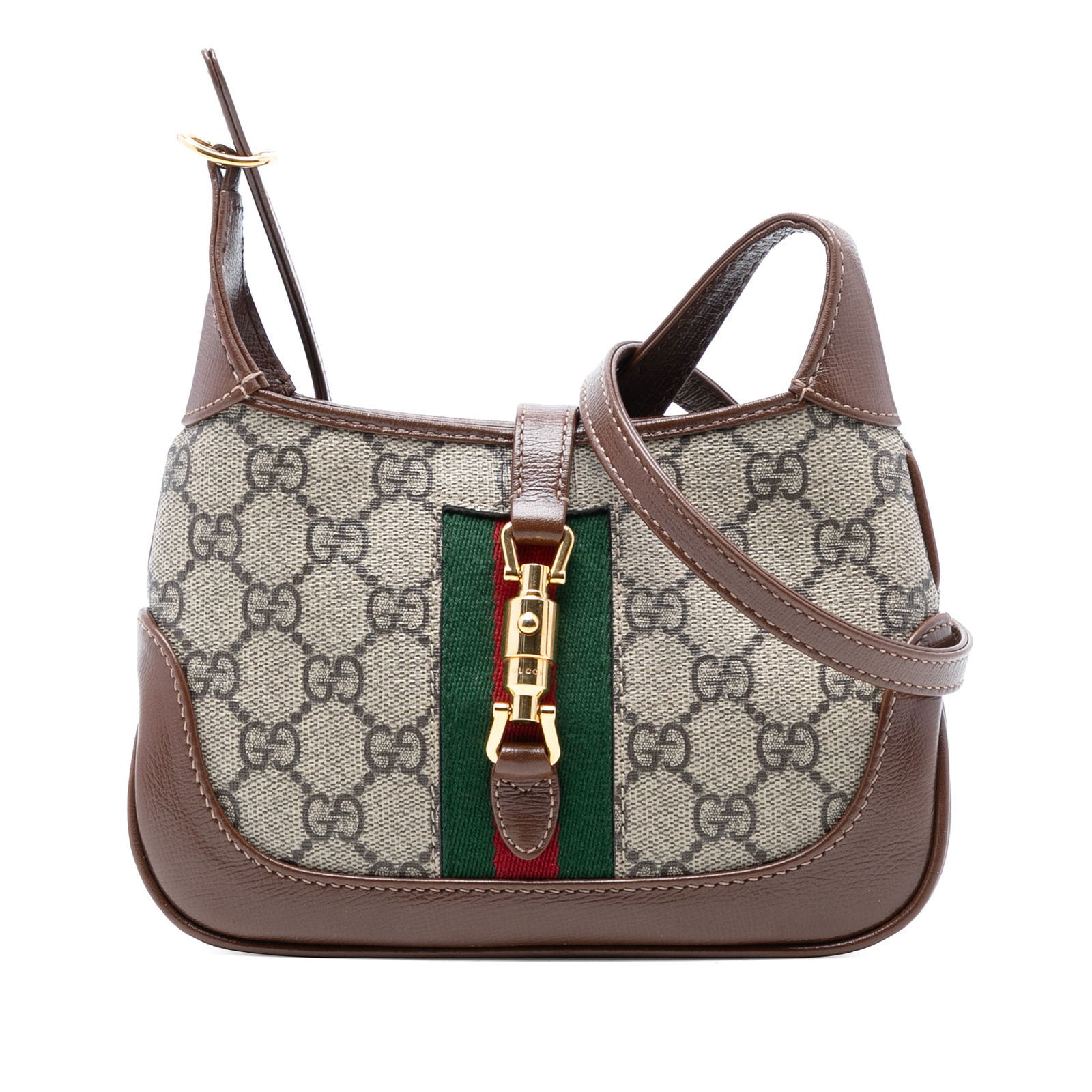 Mini GG Supreme Jackie 1961 Web Crossbody Bag by Gucci: Mini GG Supreme Jackie 1961 Web Crossbody Bag by Gucci This Gucci Mini GG Supreme Web Jackie 1961 Crossbody features a coated canvas body with leather trim, signature web detail, a flat leather strap,
