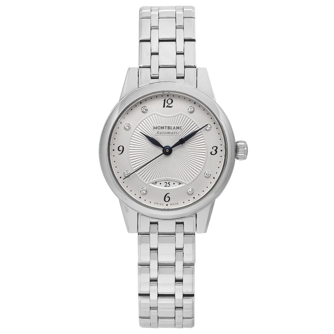 Montblanc Boheme 28mm Diamond White Dial Automatic Ladies Watch: Montblanc Boheme 28mm Diamond White Dial Automatic Ladies Watch This Montblanc Boheme ladies' wristwatch combines elegance with functionality, featuring a striking 28mm round case crafted from stainle