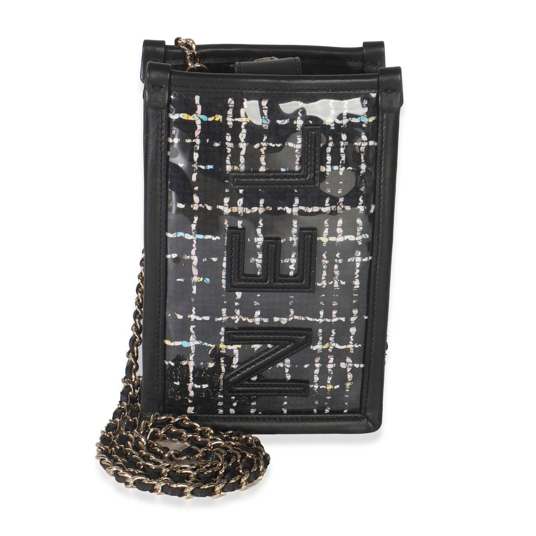 Chanel Logo Pouch Black Tweed and PVC Shoulder Bag with Chain: Chanel Logo Pouch Black Tweed and PVC Shoulder Bag with Chain This Chanel Logo Pouch With Chain features a striking black tweed exterior complemented by leather and plastic accents. The pouch is desig