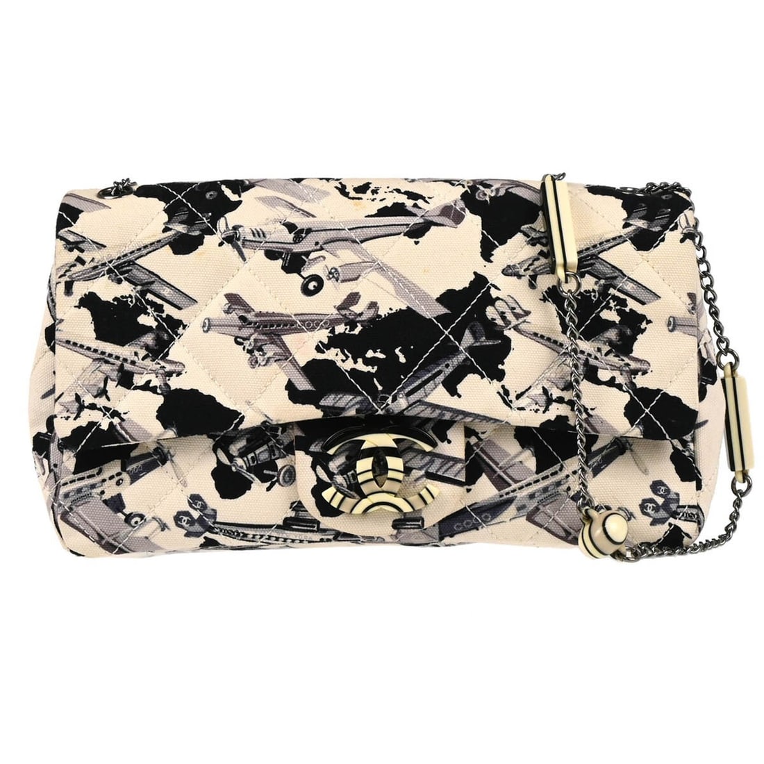 Chanel White Canvas Shoulder Bag Classic Flap Push Lock (1 of 8)