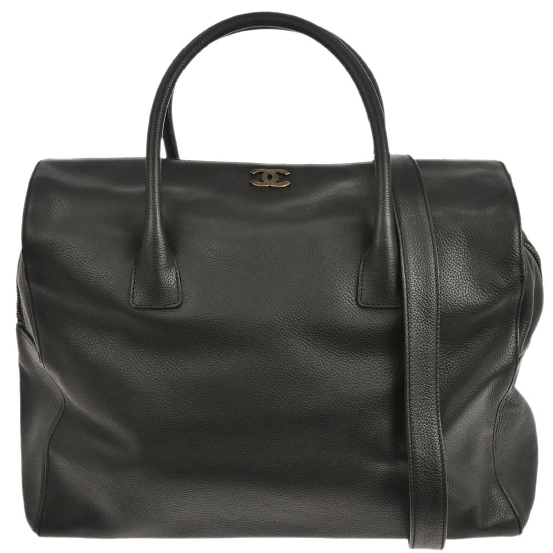 Medium Black Leather Tote with Double Handles by Chanel: Medium Black Leather Tote with Double Handles by Chanel This Chanel tote bag is crafted from black calfskin leather and features double handles for versatile carrying options. The bag is designed with