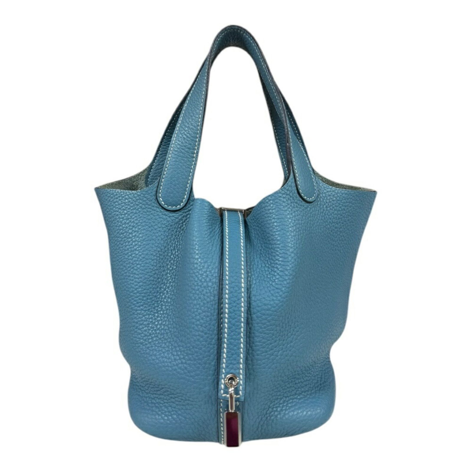 Blue Leather Hermes Picotin Lock Bag 18cm France: Blue Leather Hermes Picotin Lock Bag 18cm France The Hermes Picotin Lock is a women's handbag crafted from blue leather. It features a spacious interior and a stylish, minimalist design. The bag is ma