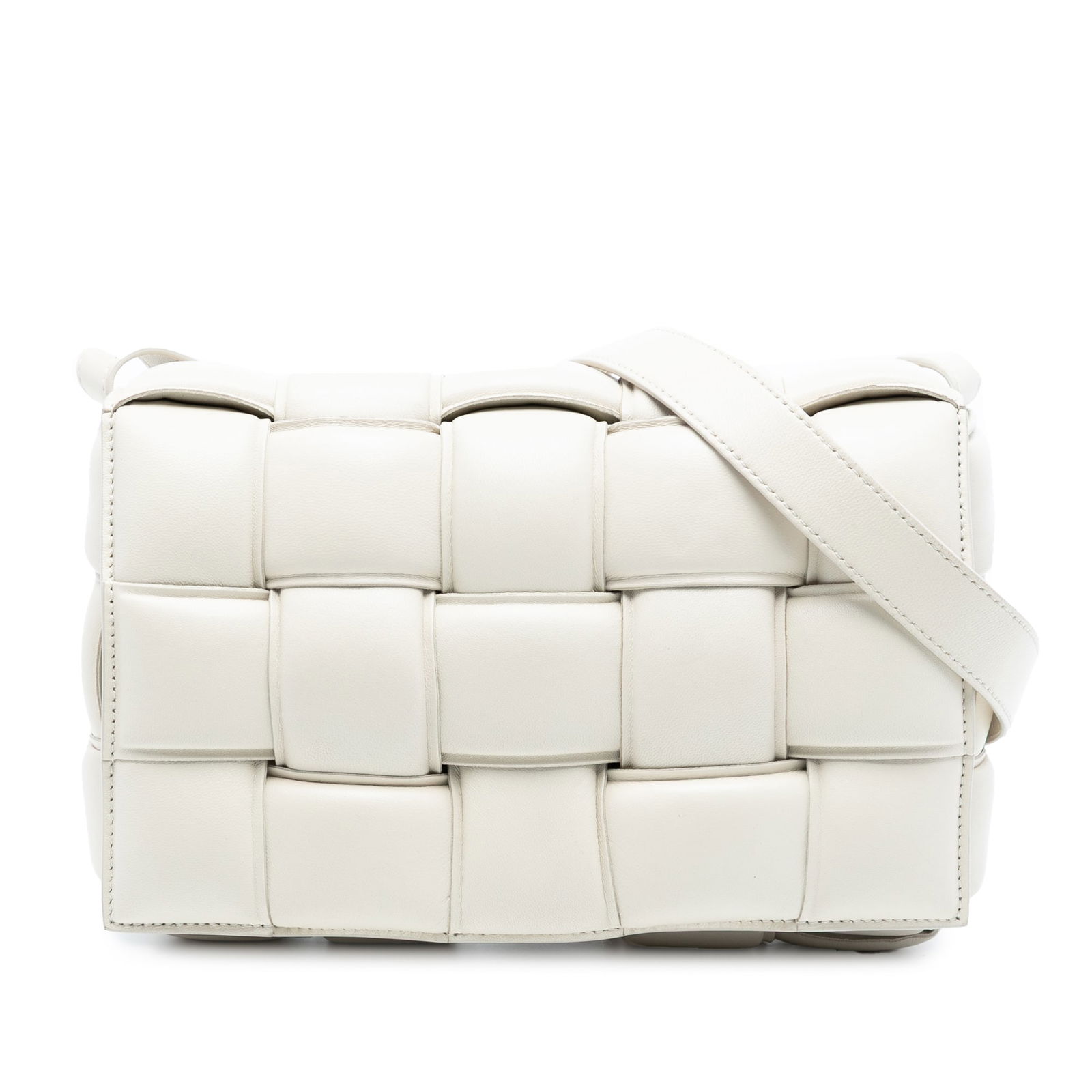 Bottega Veneta White Padded Cassette Crossbody Woven Nappa Leather Bag: Bottega Veneta White Padded Cassette Crossbody Woven Nappa Leather Bag This Bottega Veneta Padded Cassette is crafted from woven nappa leather in white and features a flat leather strap, a front flap