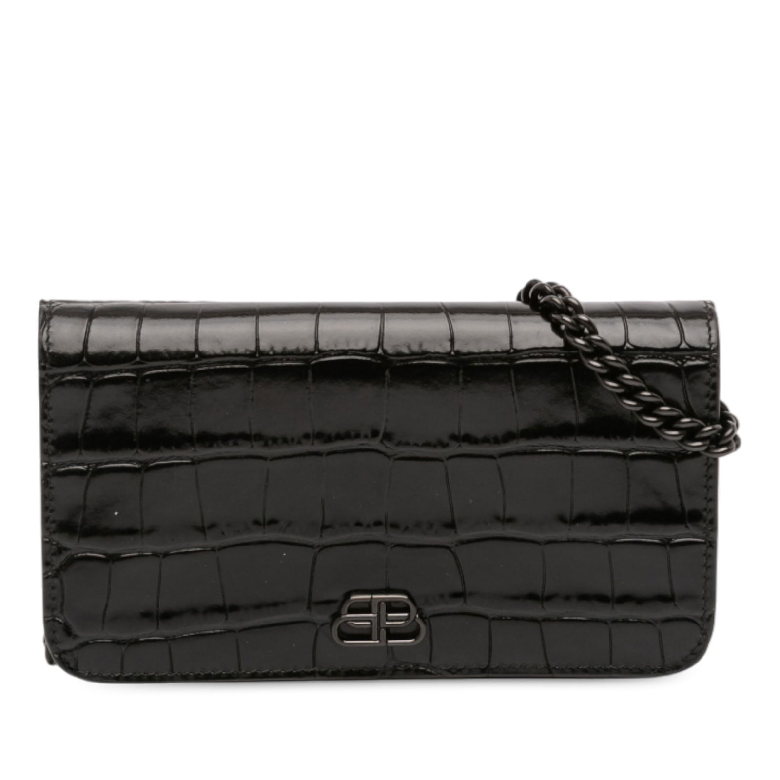 Balenciaga Black Croc Embossed Leather BB Chain Strap Phone Bag: Balenciaga Black Croc Embossed Leather BB Chain Strap Phone Bag This Balenciaga phone holder features croc-embossed leather in black, complemented by a chain link shoulder strap. The design includes a