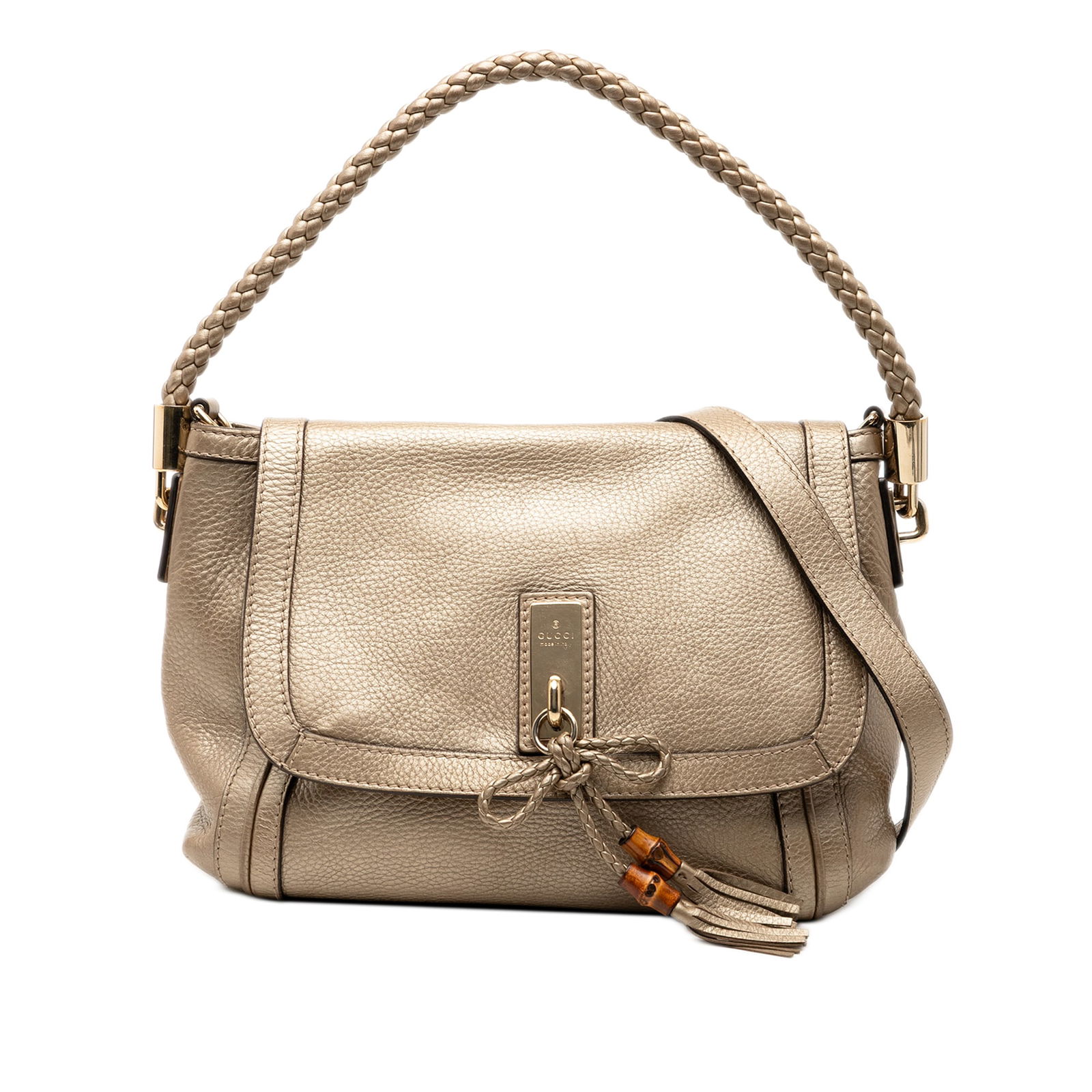 Gold Leather Bella Satchel Bag by Gucci with Braided Strap: Gold Leather Bella Satchel Bag by Gucci with Braided Strap This Gucci Bella satchel features a gold leather body, a rolled braided strap, a detachable leather strap, a top flap closure, and interior z