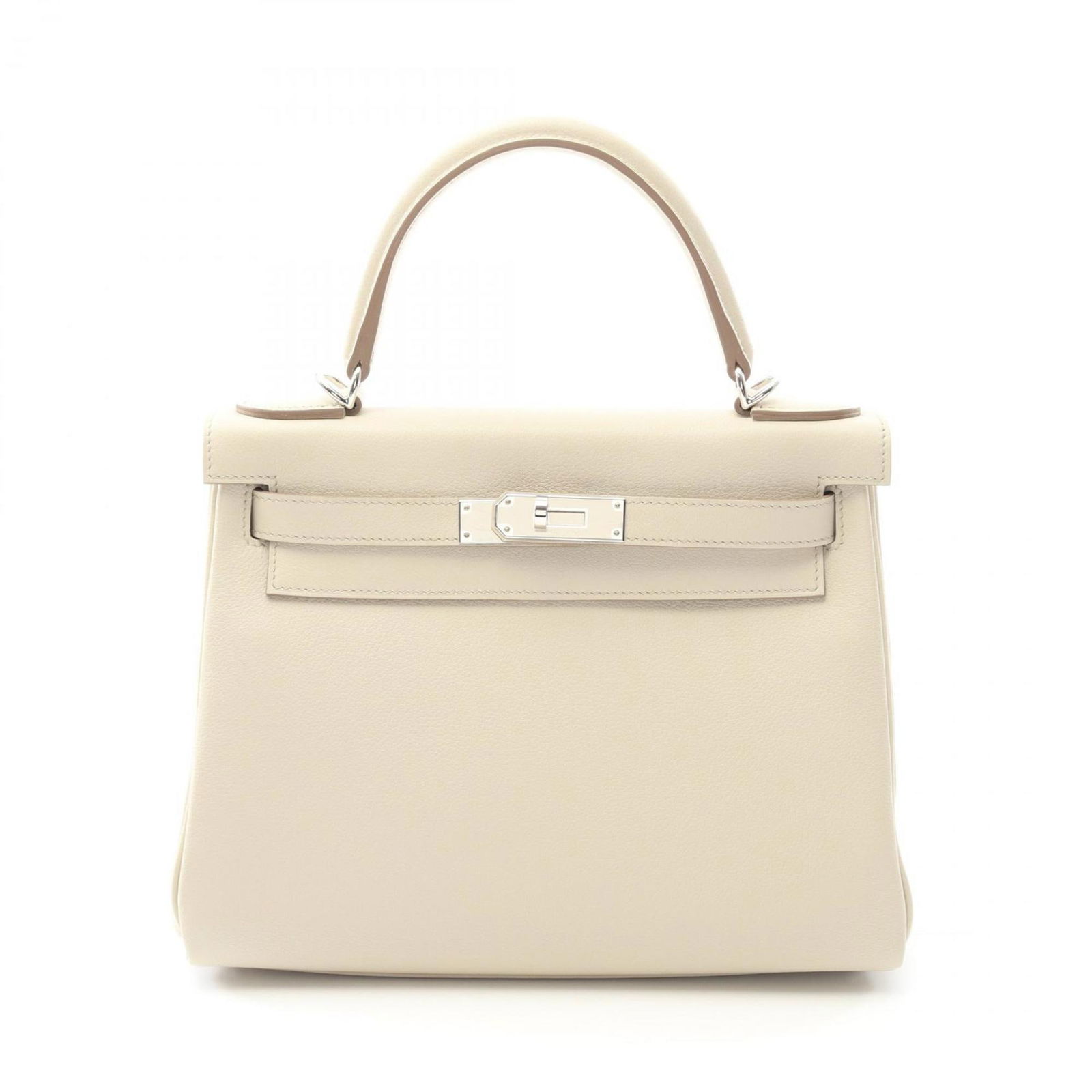 White Leather Kelly 28 Handbag by Hermes France: White Leather Kelly 28 Handbag by Hermes France This Hermes Kelly 28 is a sophisticated handbag crafted from white leather. Designed for women, it features a structured silhouette with a top handle an