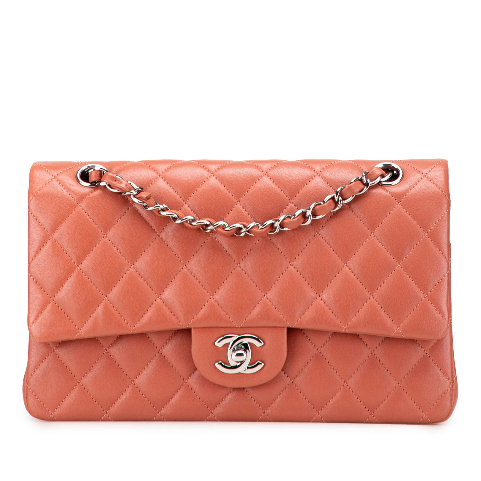 Chanel Medium Classic Double Flap Orange Lambskin Shoulder Bag: Chanel Medium Classic Double Flap Orange Lambskin Shoulder Bag This Chanel Medium Classic Lambskin Double Flap shoulder bag showcases a luxurious quilted lambskin leather body in an eye-catching orang