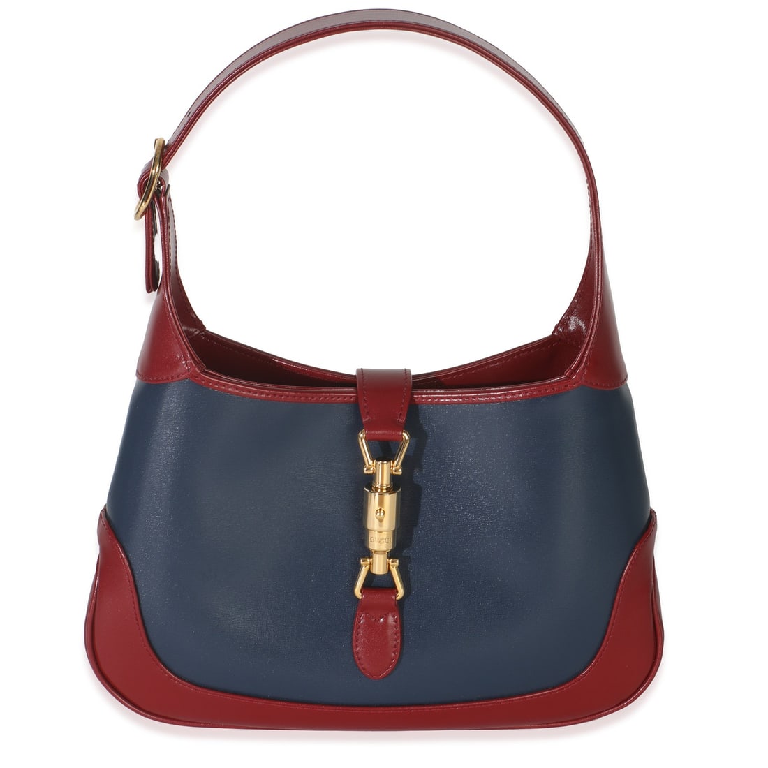 Small Jackie 1961 Hobo Bag in Red and Blue Leather by Gucci: Small Jackie 1961 Hobo Bag in Red and Blue Leather by Gucci This Gucci Small Jackie 1961 Hobo bag is crafted in Italy from luxurious calfskin leather in a striking red and blue bi-color design. The ba