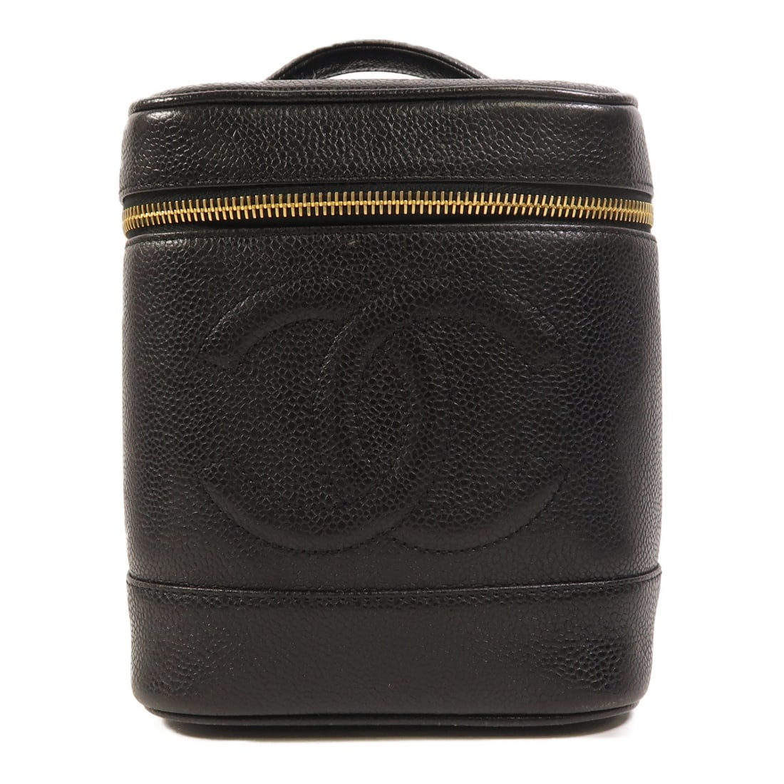 Chanel Black Calfskin Vanity Handbag with CC Logo and Gold Hardware: Chanel Black Calfskin Vanity Handbag with CC Logo and Gold Hardware This Chanel vanity handbag is crafted from black calfskin leather and features a classic CC design. Made in France, it offers a stru