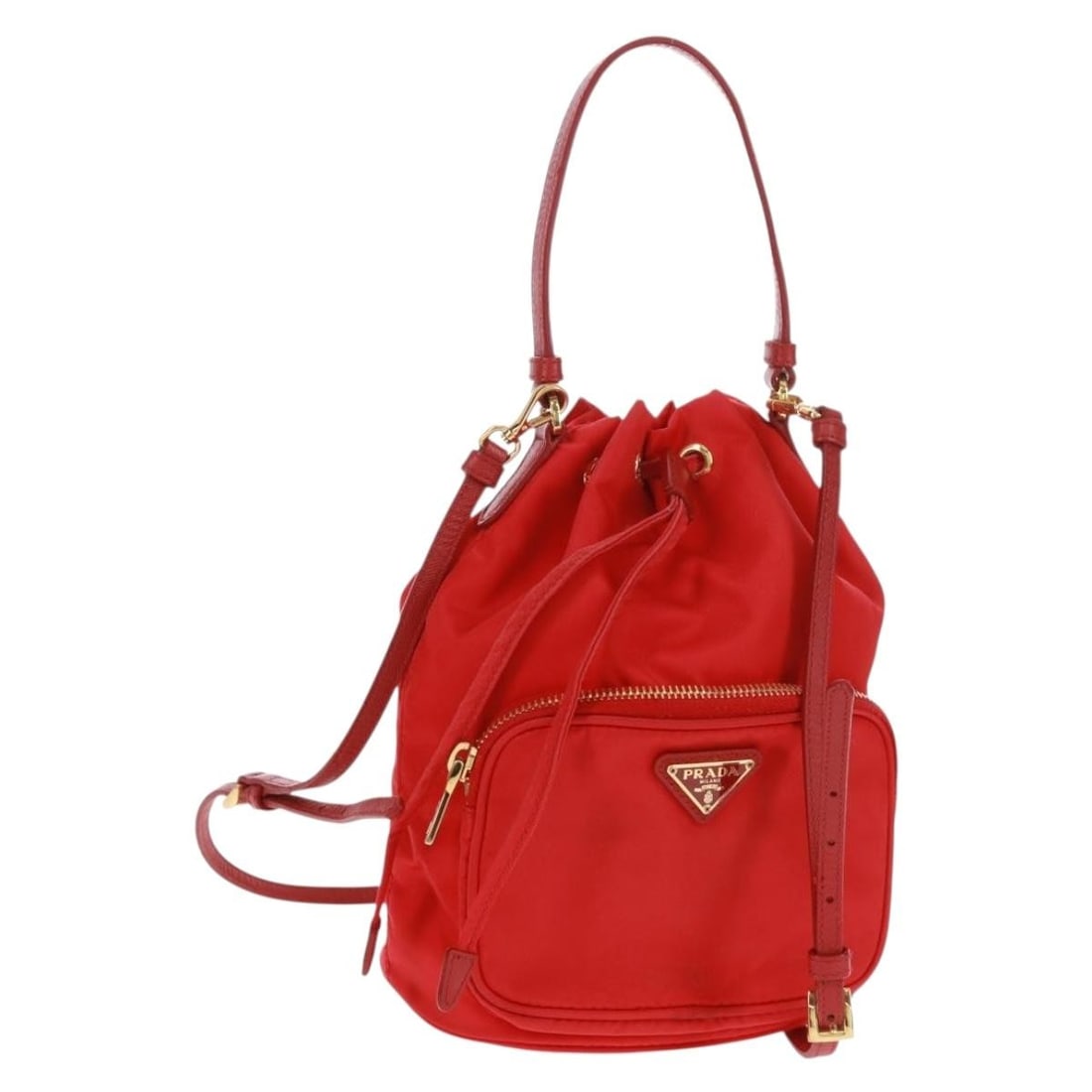 Prada Red Nylon 2way Shoulder Bag with Gold Accents and Accessories: Prada Red Nylon 2way Shoulder Bag with Gold Accents and Accessories This PRADA shoulder bag features a stylish 2-way design crafted from durable nylon in a striking red and gold color combination. Mad