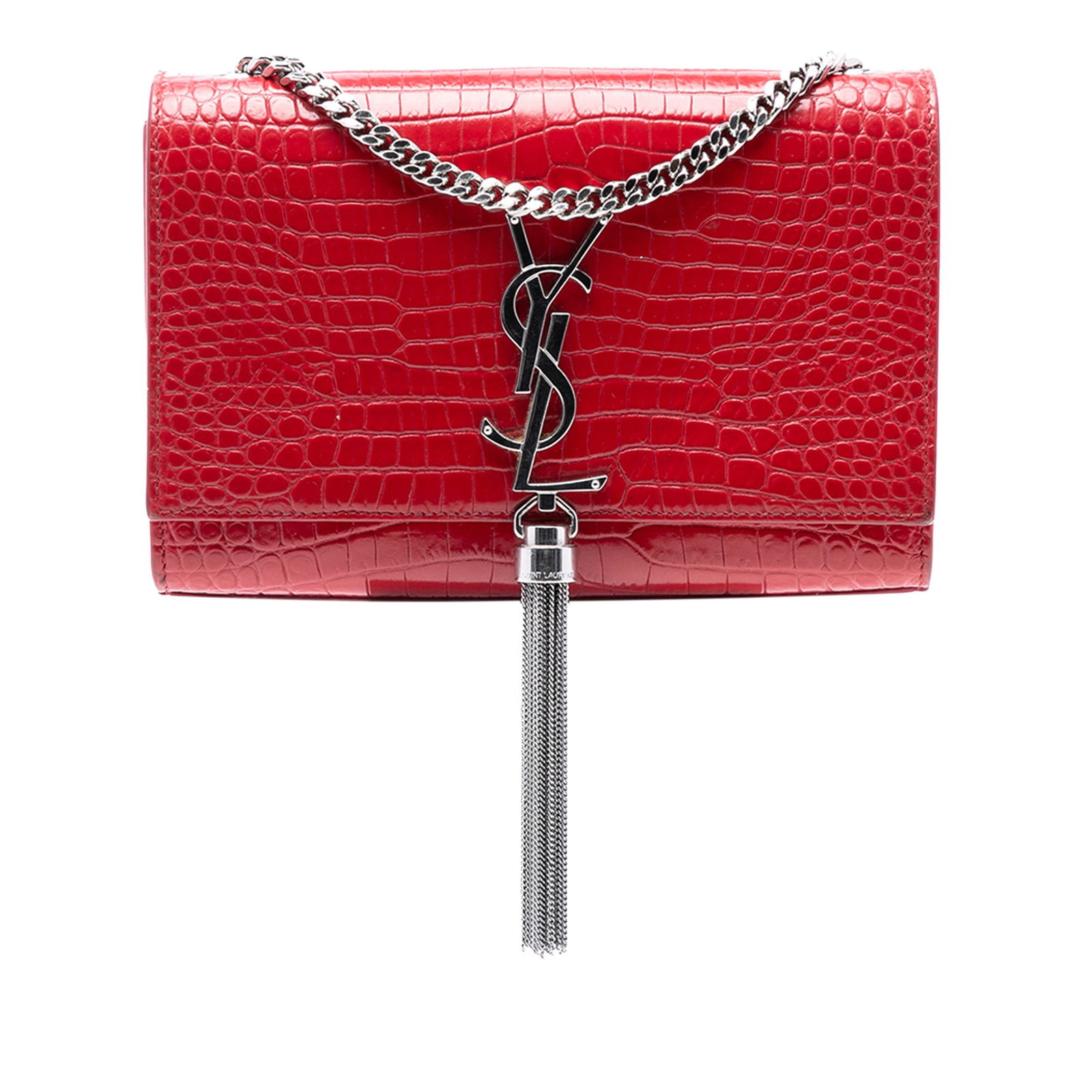Red Kate Small Embossed Leather Crossbody Bag with Tassel by Saint Laurent: Red Kate Small Embossed Leather Crossbody Bag with Tassel by Saint Laurent This Saint Laurent Small Embossed Leather Kate Tassel Crossbody features a red embossed leather body complemented by a silver
