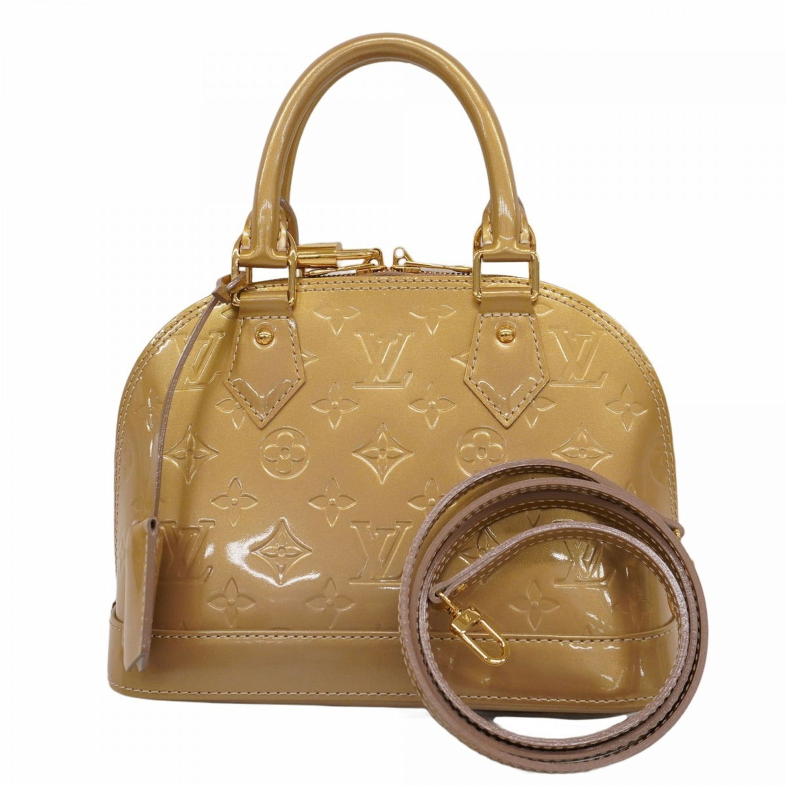 Patent Leather Beige Louis Vuitton Alma BB Handbag France: Patent Leather Beige Louis Vuitton Alma BB Handbag France The Louis Vuitton Alma BB is a compact handbag crafted from beige patent leather, designed for women. This piece features a structured silhoue