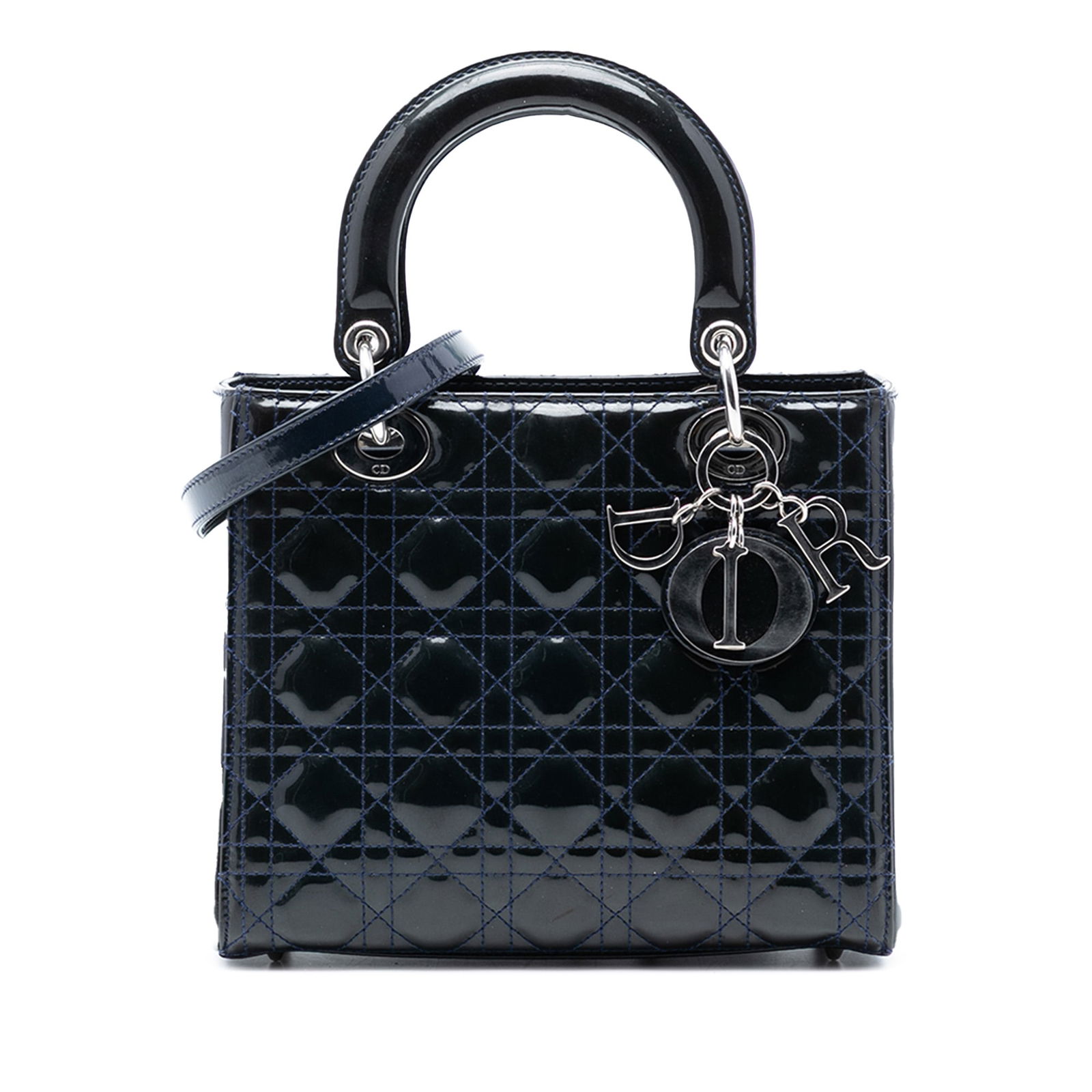 Dior Lady Dior Blue Patent Leather Medium Cannage Handbag with Strap: Dior Lady Dior Blue Patent Leather Medium Cannage Handbag with Strap This Medium Patent Cannage Lady Dior bag features a quilted patent leather body in blue, flat leather top handles, a detachable fla