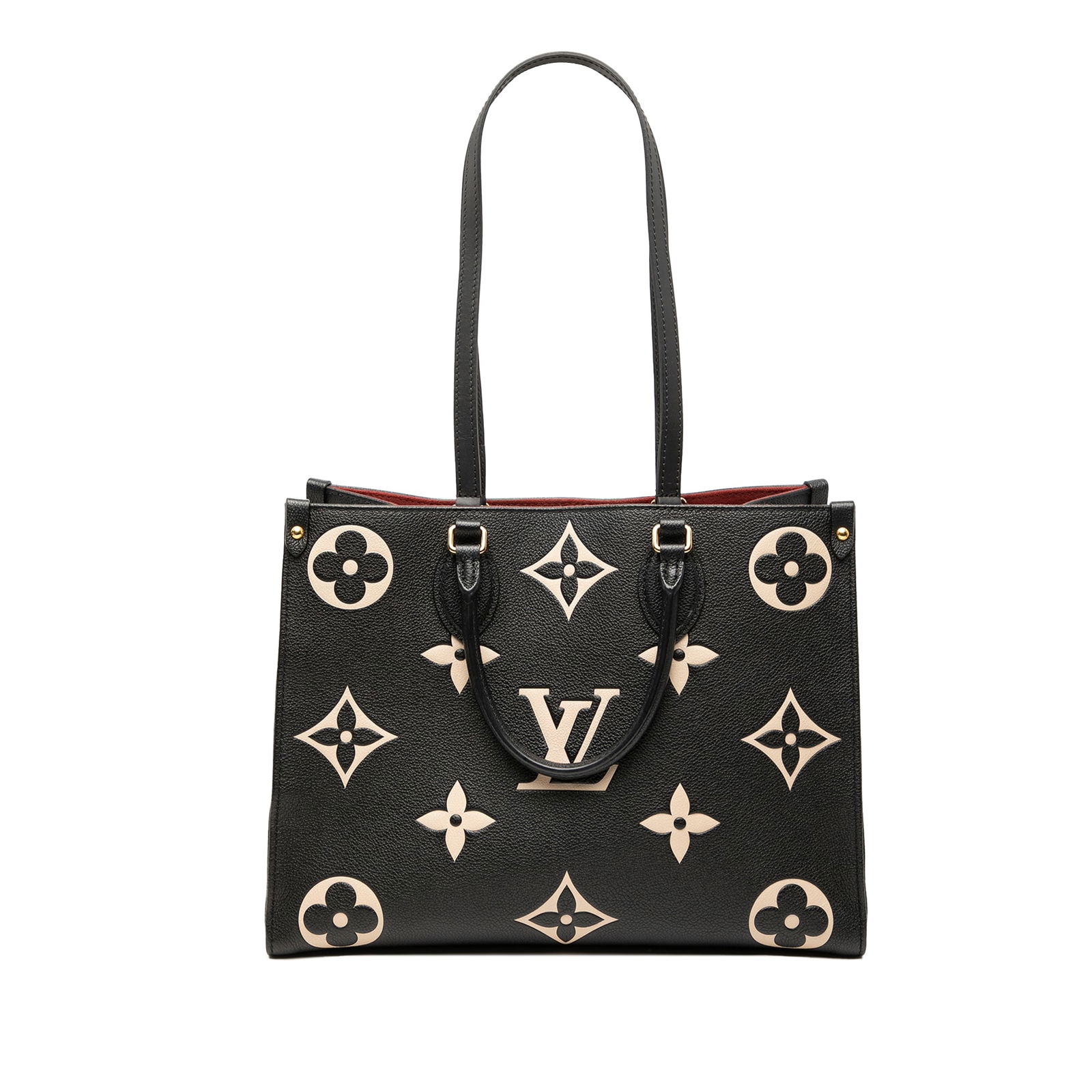 Louis Vuitton Onthego MM Bicolor Empreinte Giant Black Leather Tote Bag: Louis Vuitton Onthego MM Bicolor Empreinte Giant Black Leather Tote Bag This Louis Vuitton Onthego MM features a bicolor Monogram Empreinte Giant leather body with rolled handles and flat shoulder str