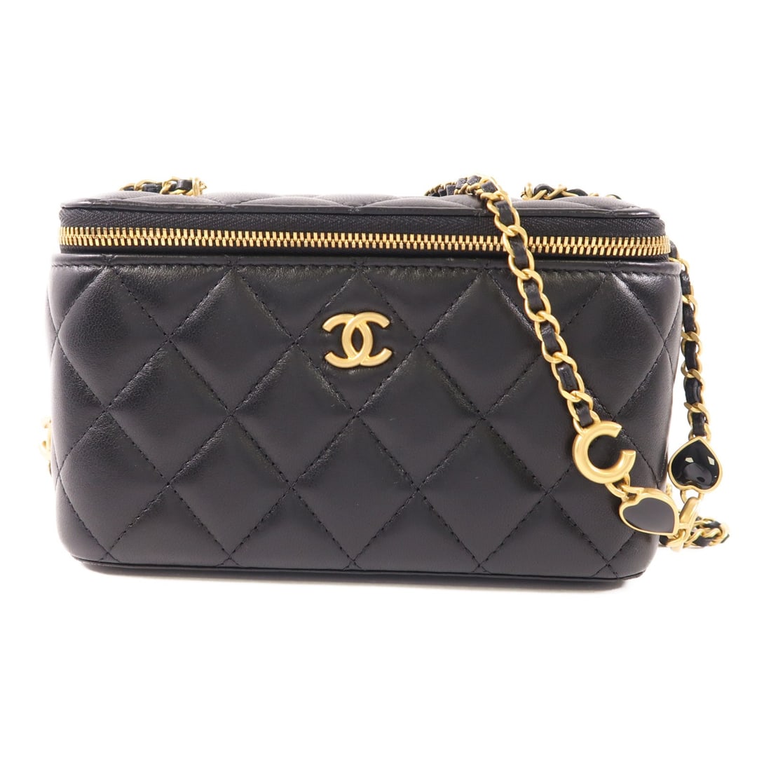 CHANEL Black Lambskin GHW Vanity Case Shoulder Bag: CHANEL Black Lambskin GHW Vanity Case Shoulder Bag This exquisite CHANEL Vanity Case Chain Shoulder Bag is crafted from luxurious lambskin leather in a sleek black hue. The bag features a stylish chai