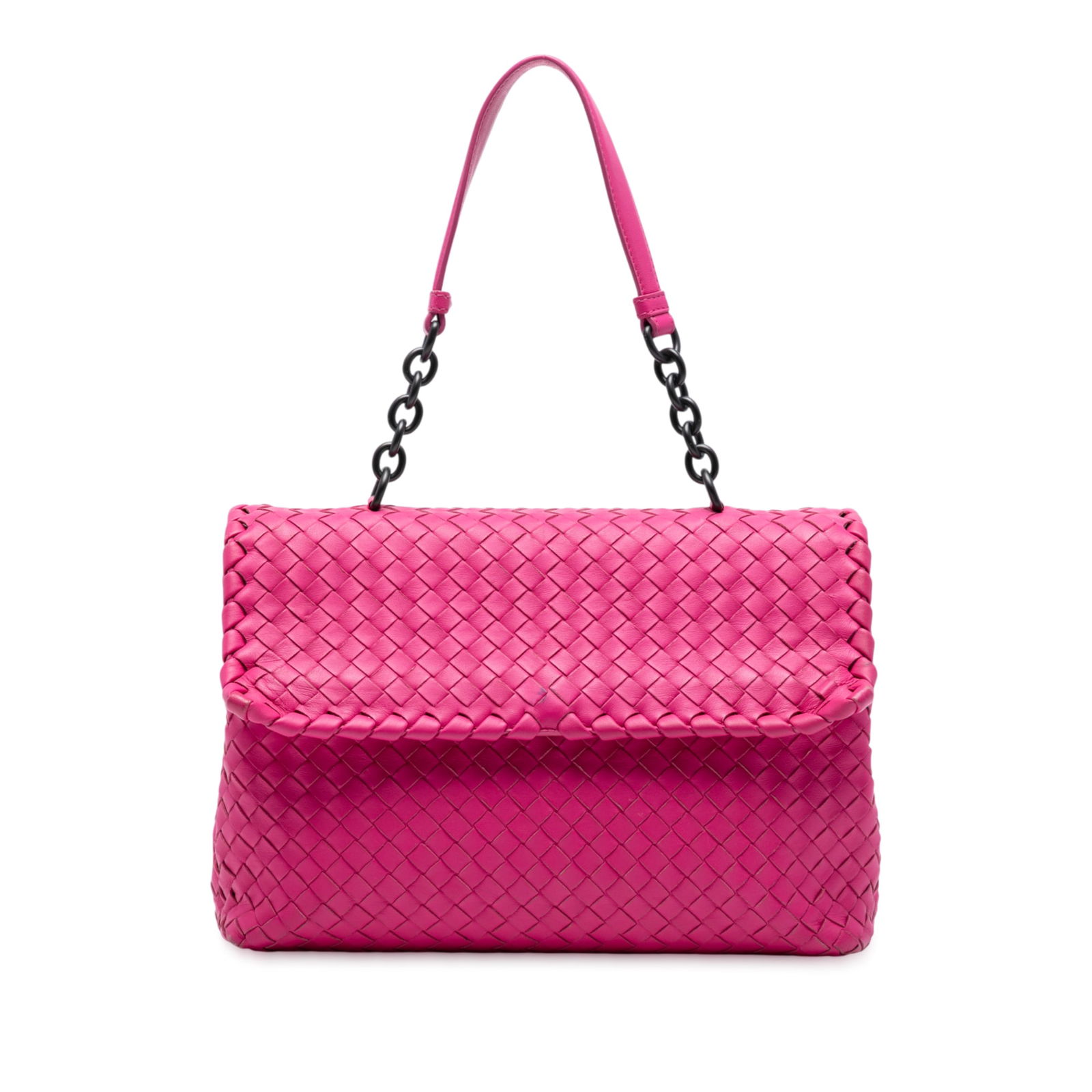 Bottega Veneta Medium Nappa Intrecciato Pink Shoulder Bag: Bottega Veneta Medium Nappa Intrecciato Pink Shoulder Bag Introducing the Bottega Veneta Medium Nappa Intrecciato Olimpia Shoulder Bag, a sophisticated accessory crafted from high-quality leather. Thi