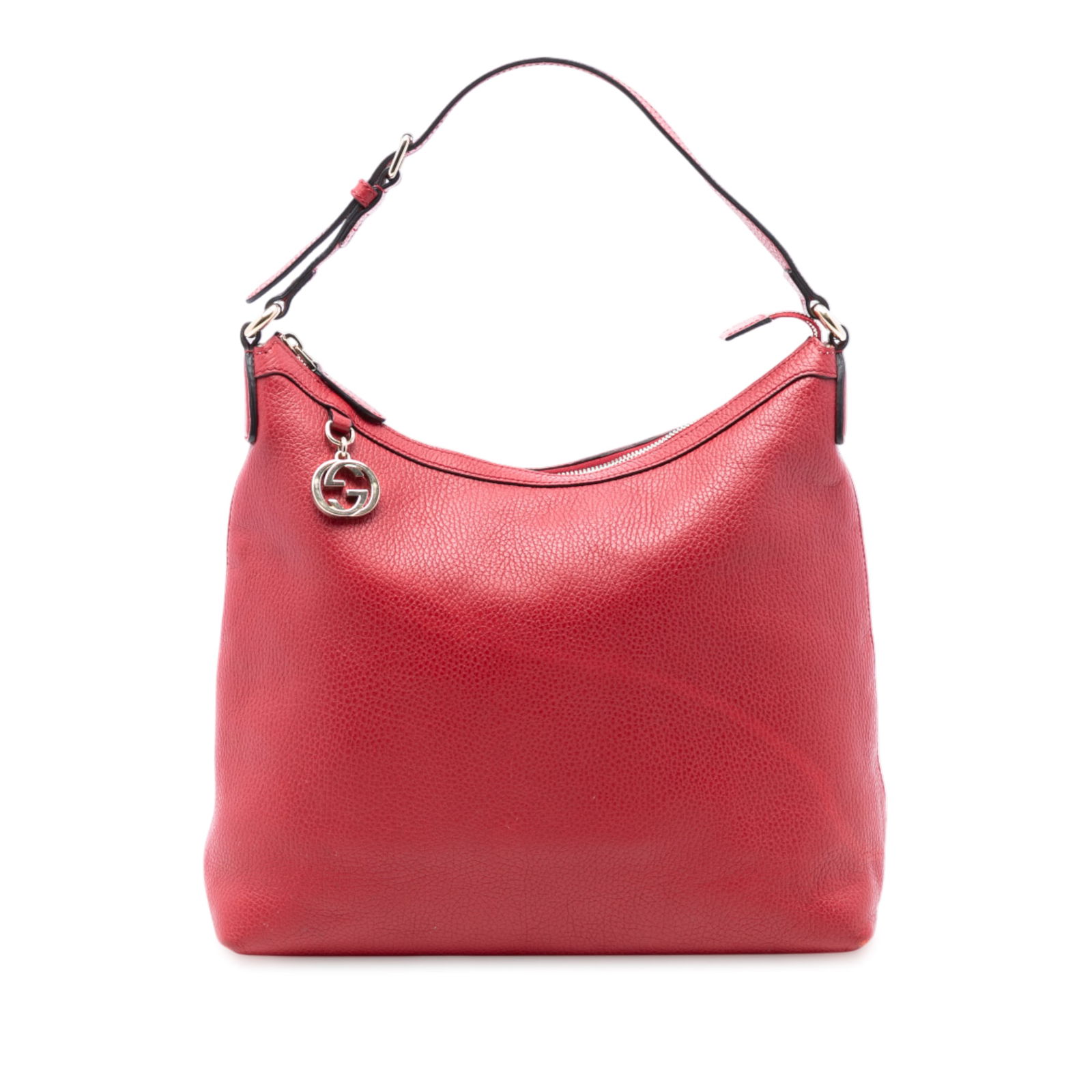 Red Leather Tote with GG Charm by Gucci: Red Leather Tote with GG Charm by Gucci This Gucci Leather GG Charm Tote features a red leather body with a flat leather handle, a top zip closure, and an interior zip pocket. The tote is accented wit