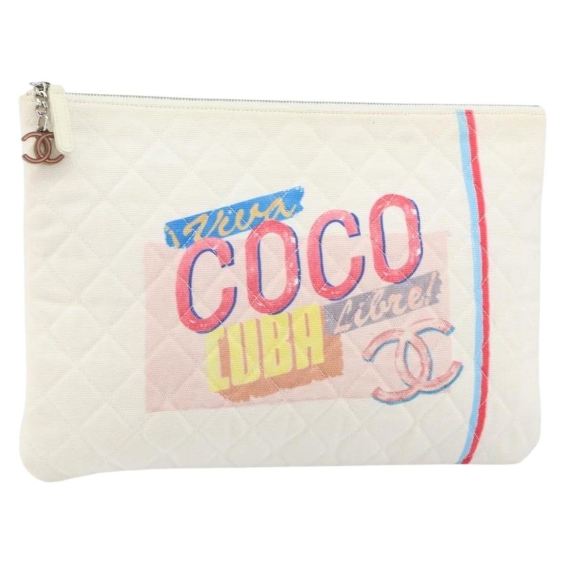 White Canvas Matelasse Clutch by CHANEL with Silver CC Logo: White Canvas Matelasse Clutch by CHANEL with Silver CC Logo This CHANEL Matelasse clutch bag features a white and silver canvas exterior and showcases the iconic CC logo. Crafted in Italy, the bag has