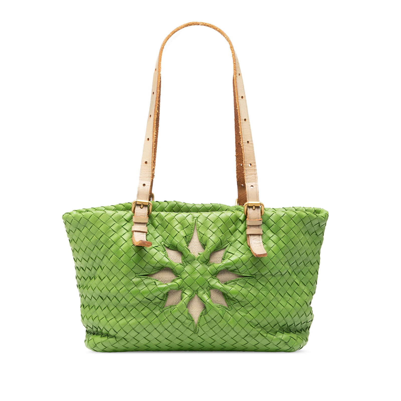 Green Leather Tote Bottega Veneta Nappa Intrecciato Marquise Flower: Green Leather Tote Bottega Veneta Nappa Intrecciato Marquise Flower This Bottega Veneta Nappa Intrecciato Marquise Flower Tote features a woven leather exterior in green, flat leather straps, an open