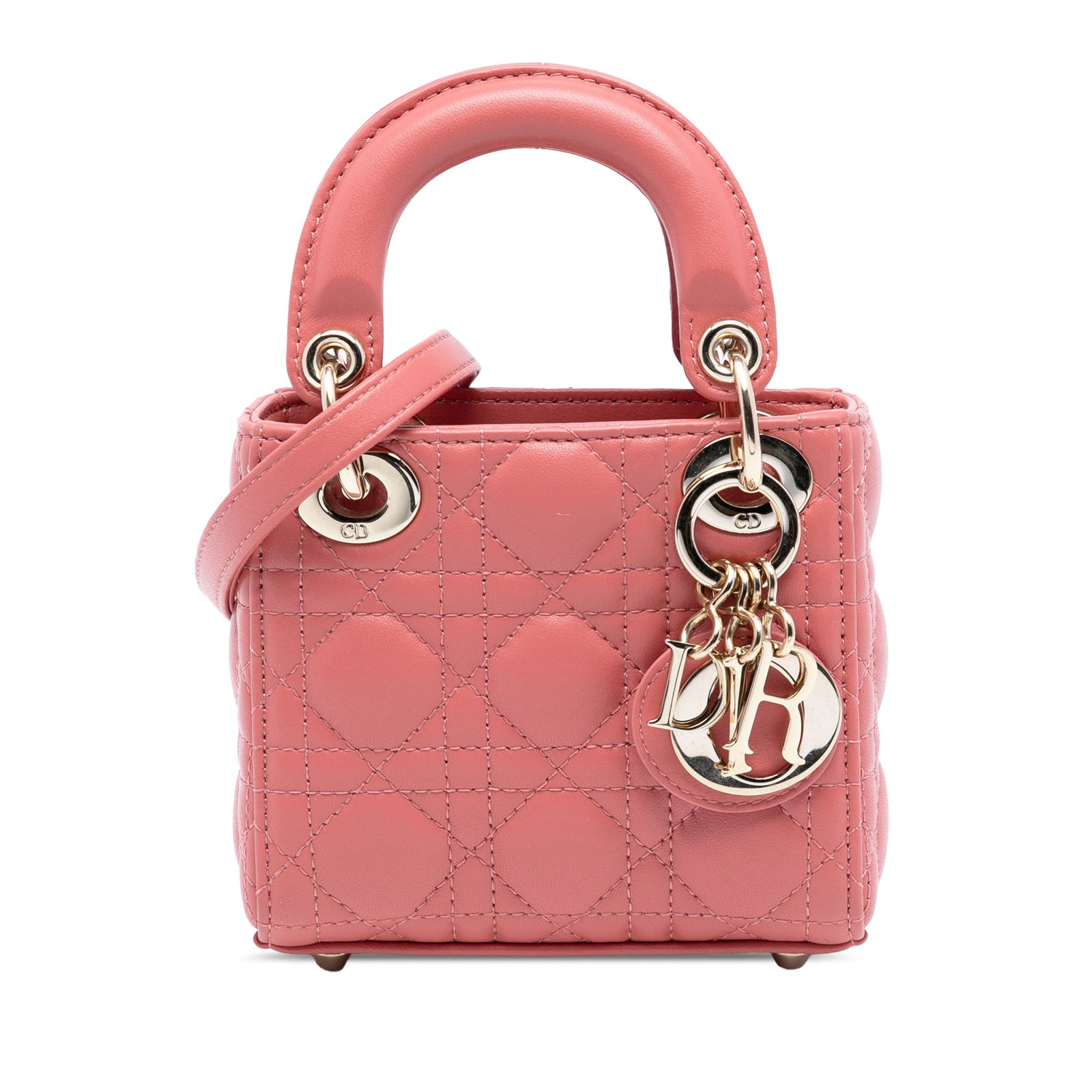 Dior Lady Dior Micro Cannage Pink Quilted Lambskin Bag with Strap: Dior Lady Dior Micro Cannage Pink Quilted Lambskin Bag with Strap This Micro Lady Dior bag features a quilted lambskin leather exterior in pink, complemented by flat leather top handles and a detachab
