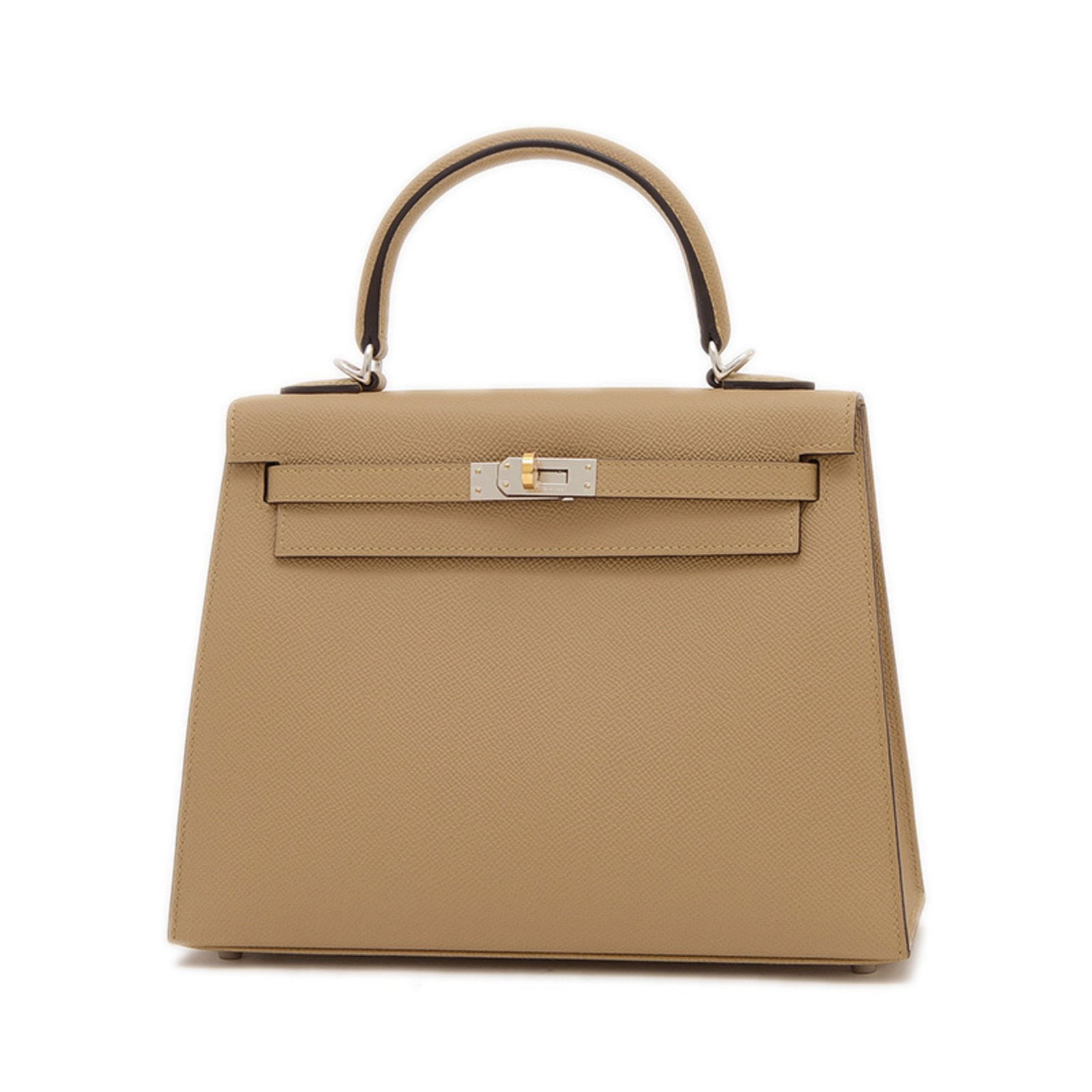Beige Leather Kelly 25 Bag by Hermes France: Beige Leather Kelly 25 Bag by Hermes France This Hermes Kelly 25 handbag features a beige leather exterior and is crafted in France. Designed for women, it offers a classic, structured silhouette with