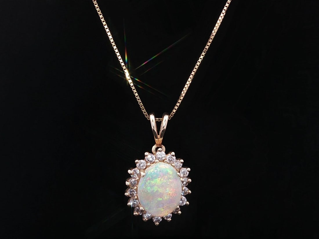 Elegant 14k Yellow Gold Opal Diamond Halo Pendant Necklace 18 Inch (1 of 11)