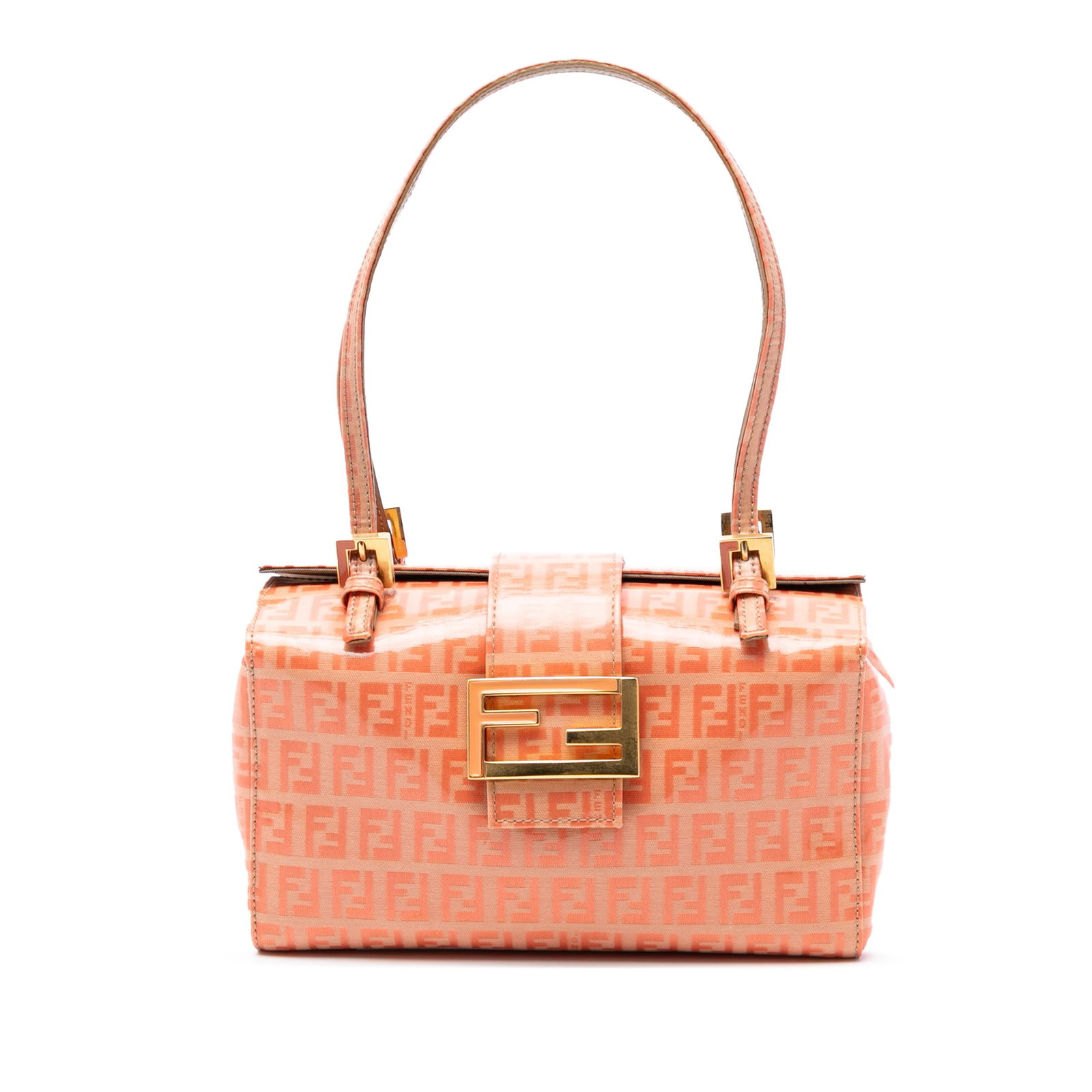 Fendi Zucchino Crystal Orange Canvas Shoulder Bag with Leather Straps: Fendi Zucchino Crystal Orange Canvas Shoulder Bag with Leather Straps This Fendi Zucchino Crystal Shoulder Bag features a coated canvas body with an orange fabric finish, flat leather straps, a fold-o