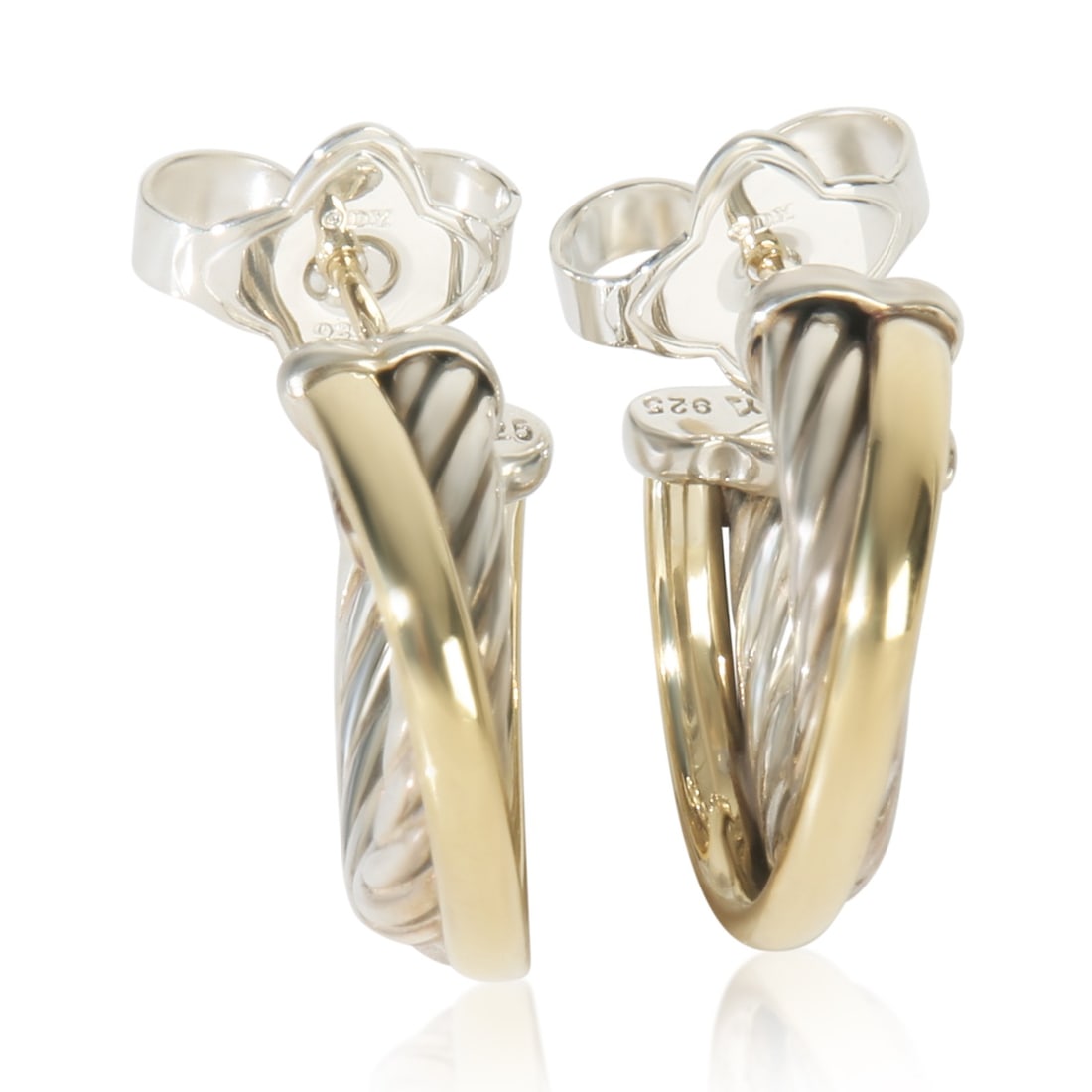 Crossover Hoop Earrings in Yellow Gold and Sterling Silver by David Yurman: Crossover Hoop Earrings in Yellow Gold and Sterling Silver by David Yurman These David Yurman Crossover Hoop Earrings feature a sophisticated blend of yellow gold and sterling silver. Designed in a cl