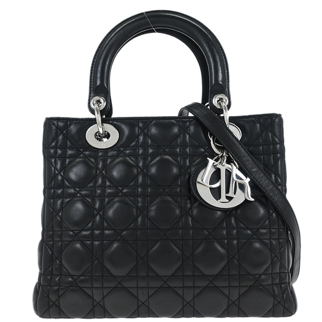 Lady Dior Cannage Black Lambskin Satchel with 2way Strap: Lady Dior Cannage Black Lambskin Satchel with 2way Strap This Christian Dior Lady Dior handbag is crafted from black lambskin leather and features the signature Cannage quilting. Designed as a medium-