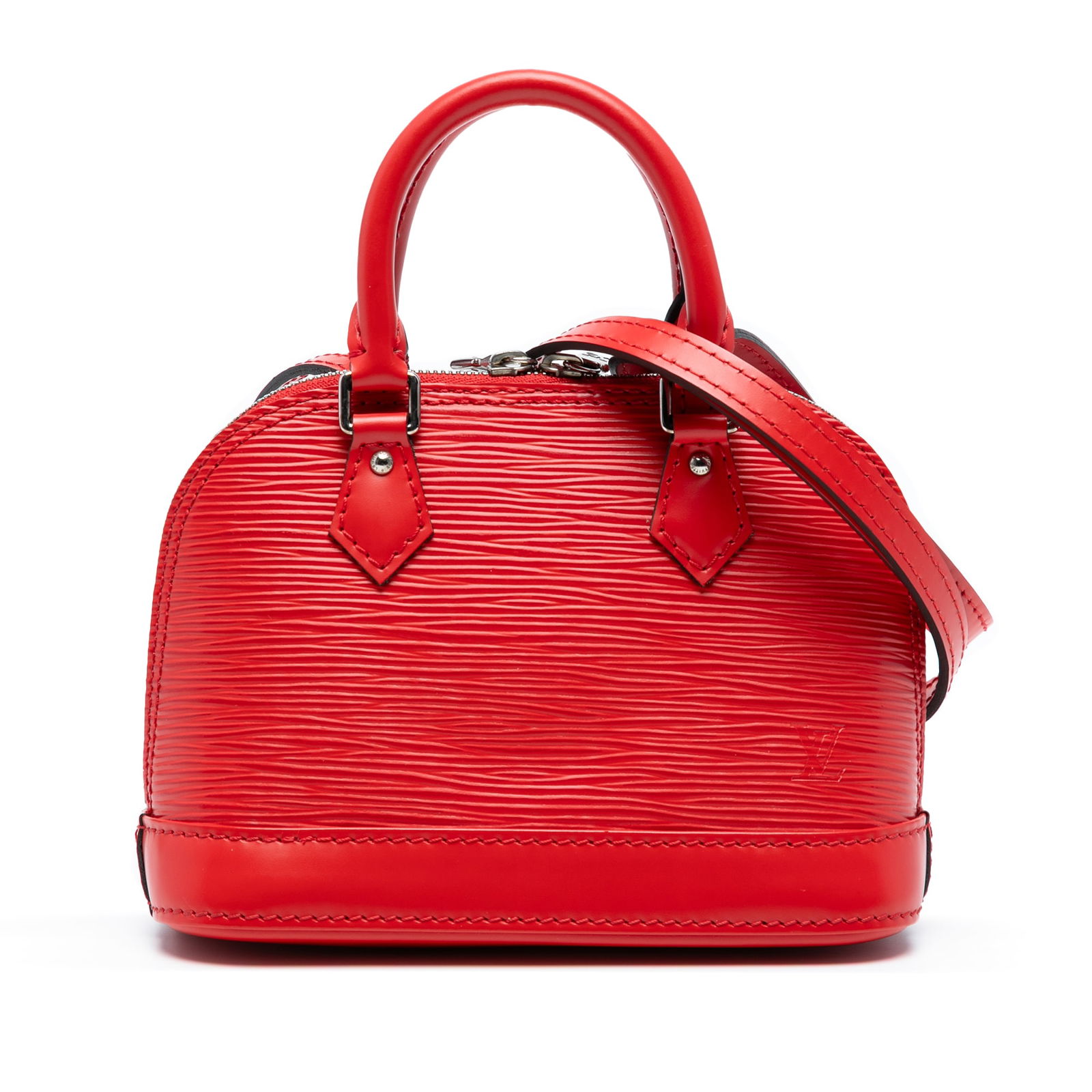 Louis Vuitton Epi Nano Alma Red Leather Handbag: Louis Vuitton Epi Nano Alma Red Leather Handbag The Louis Vuitton Epi Nano Alma is a stylish and compact bag crafted from high-quality epi leather. It features rolled leather handles for comfortable c