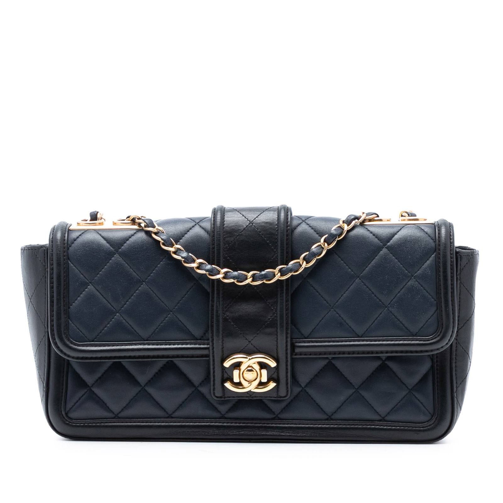 Chanel Large Bicolor Quilted Lambskin Crossbody Bag with CC Flap: Chanel Large Bicolor Quilted Lambskin Crossbody Bag with CC Flap This Chanel Large Bicolor Quilted Lambskin Elegant CC Flap crossbody bag features a quilted lambskin leather body, a leather-woven chai