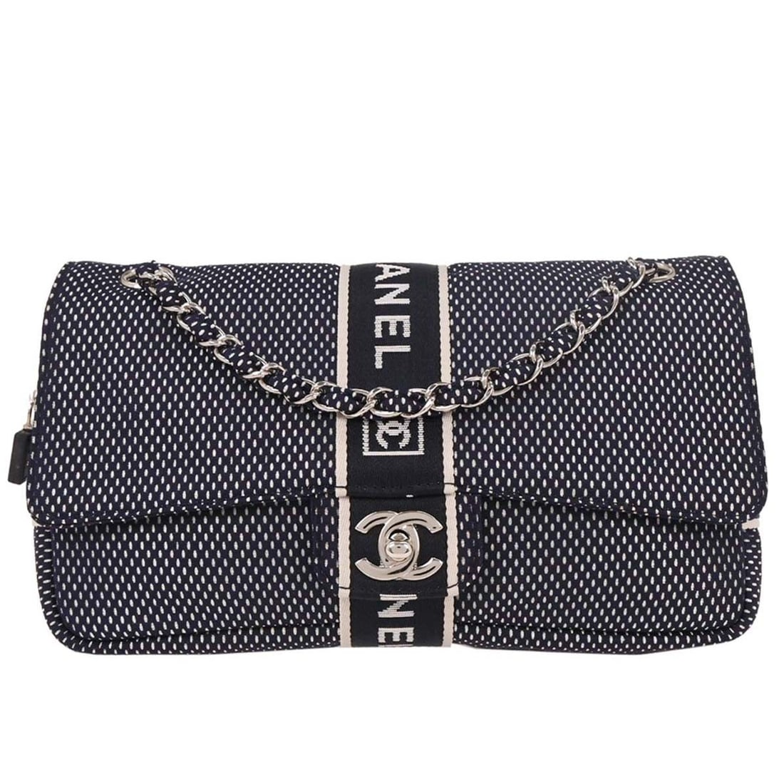 Chanel Navy Nylon Sport Line Shoulder Bag with Turn Lock: Chanel Navy Nylon Sport Line Shoulder Bag with Turn Lock Introducing the Chanel Navy Mesh Sport Line Shoulder Bag, a stylish and functional accessory perfect for your everyday needs. This small should