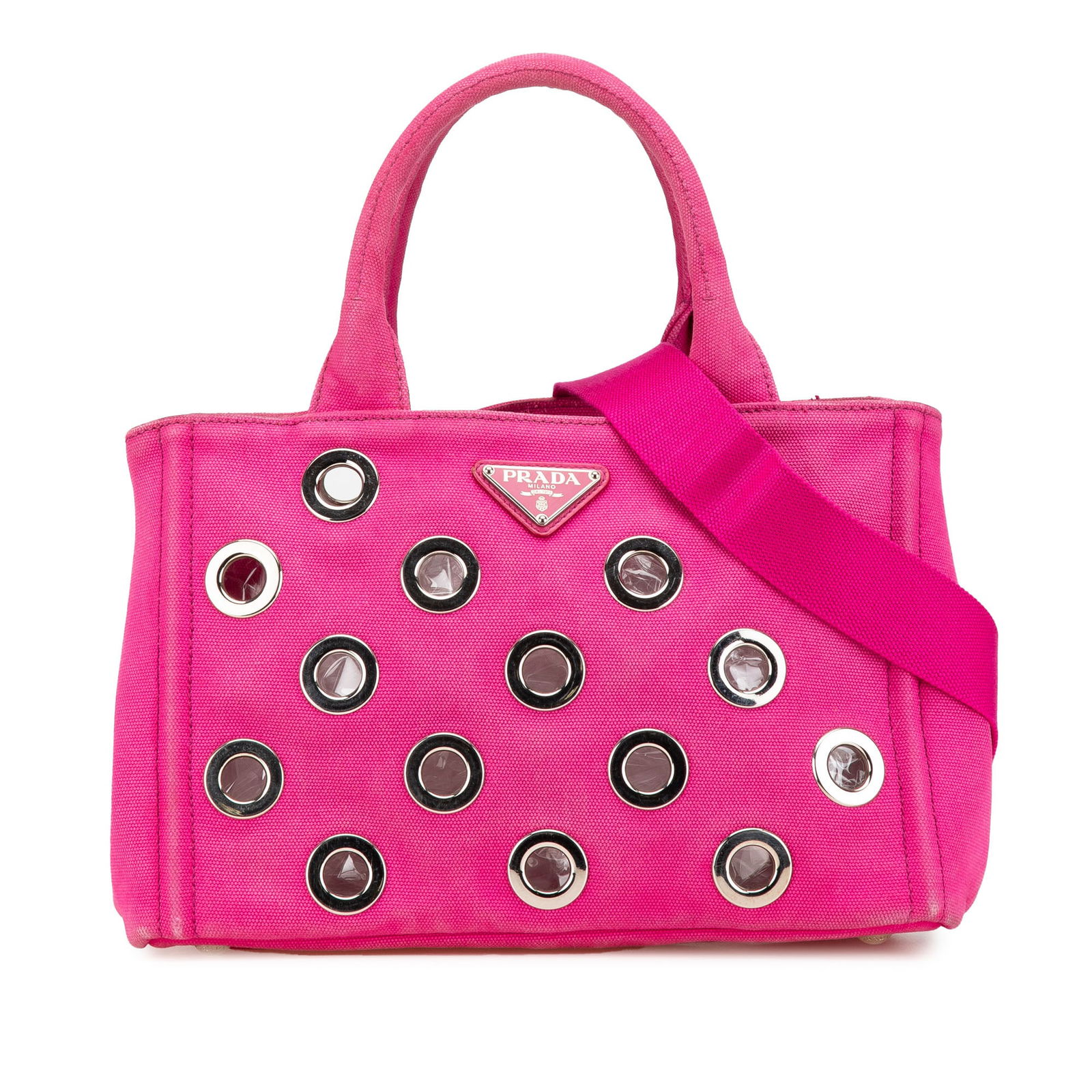 Prada Small Canvas Canapa Grommet Satchel Pink Fabric Bag: Prada Small Canvas Canapa Grommet Satchel Pink Fabric Bag This Prada Small Canvas Canapa Grommet Satchel is crafted from a perforated canvas body, showcasing a chic pink color. It features rolled top