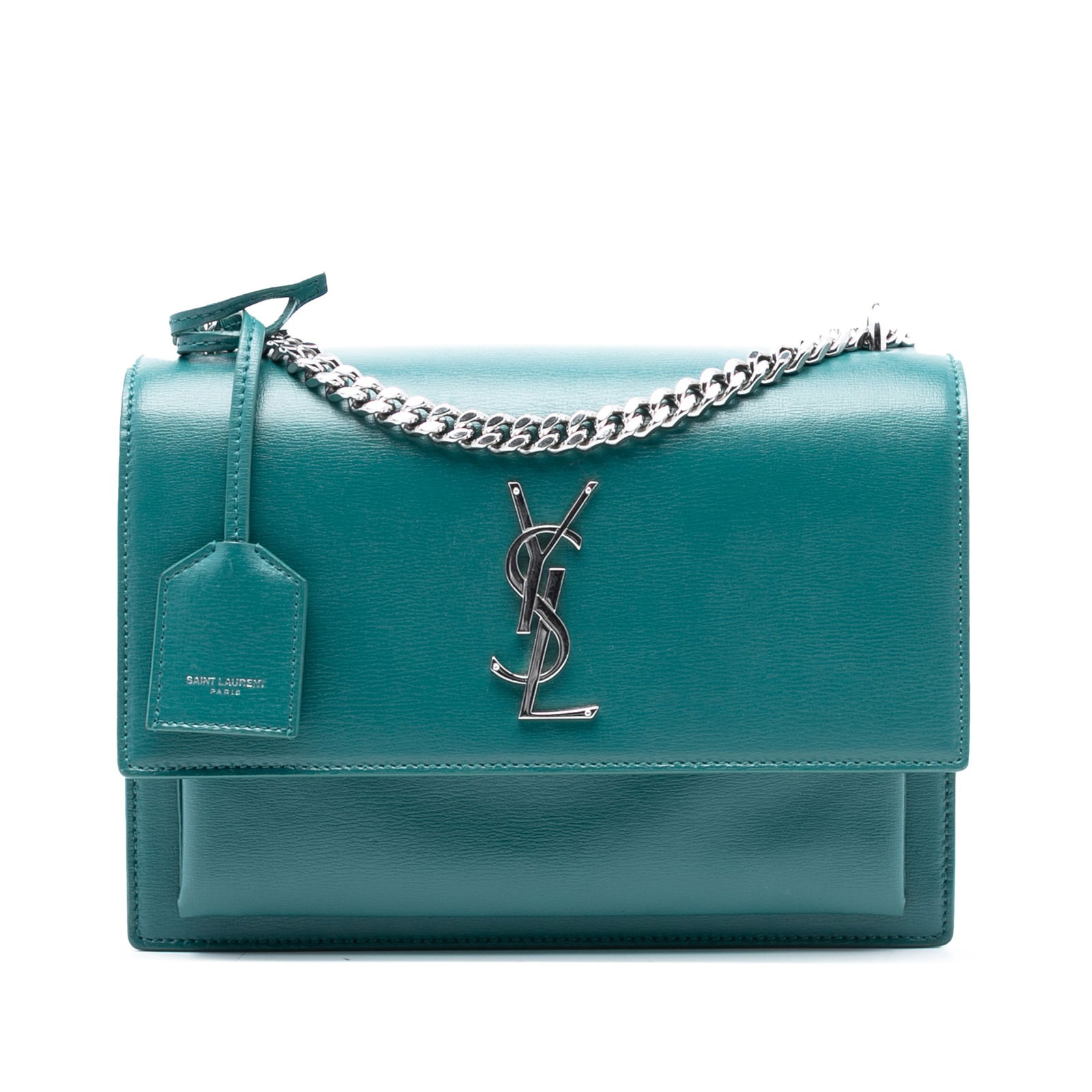 Saint Laurent Sunset Medium Blue Leather Chain Shoulder Bag: Saint Laurent Sunset Medium Blue Leather Chain Shoulder Bag This Saint Laurent Medium Calfskin Monogram Sunset Crossbody features a blue leather body, a chain link shoulder strap with a leather guard,
