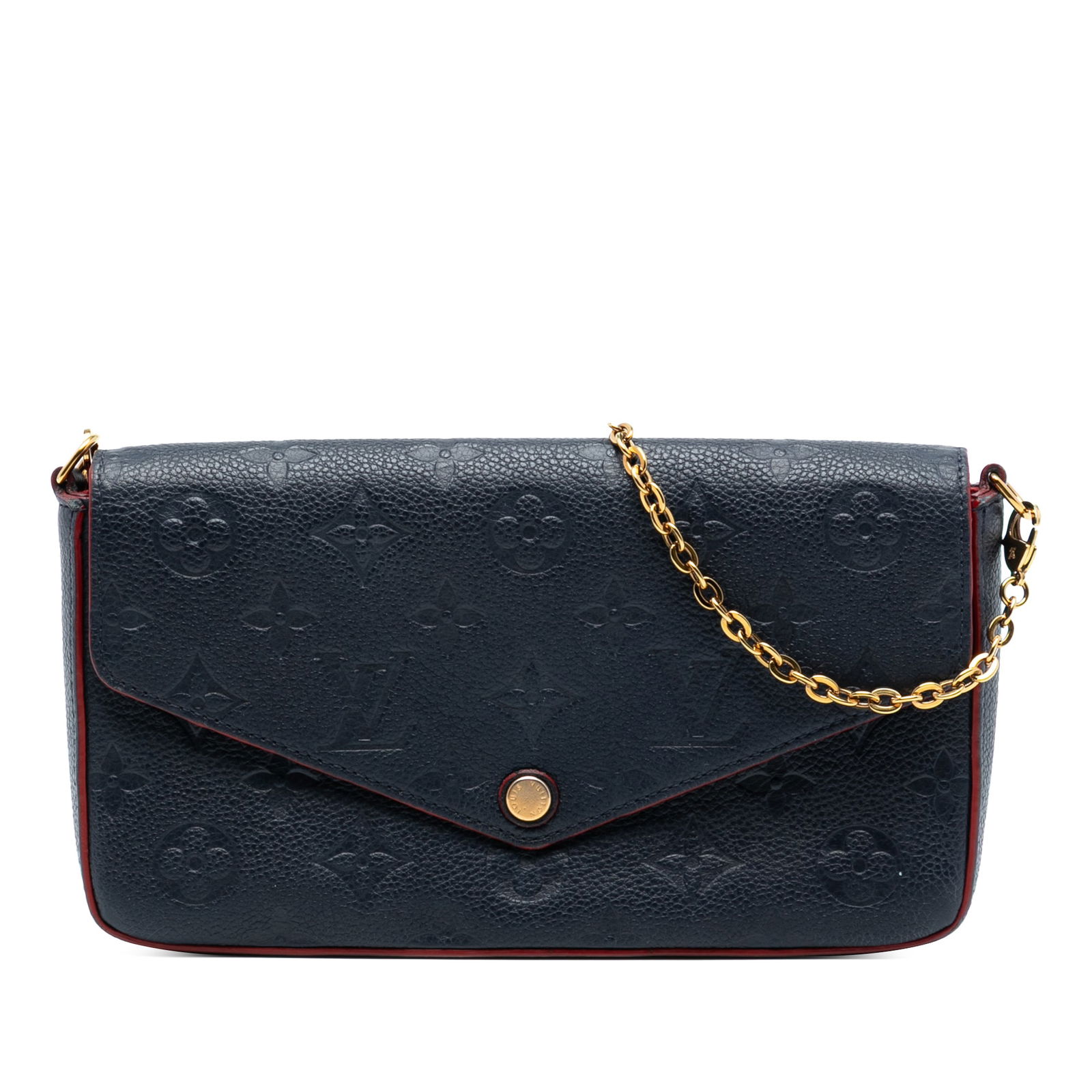 Louis Vuitton Felicie Chain Wallet in Monogram Empreinte Blue Leather: Louis Vuitton Felicie Chain Wallet in Monogram Empreinte Blue Leather The Louis Vuitton Monogram Empreinte Pochette Felicie features a blue monogram-embossed leather exterior, a detachable chain shoul