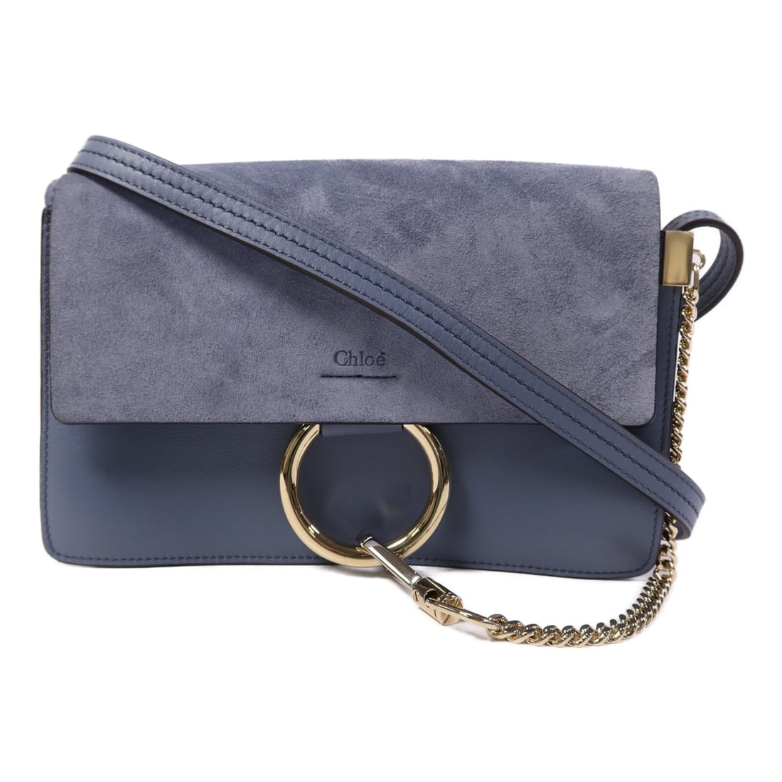 Chloe Faye Blue Calfskin and Suede Shoulder Bag with Gold Tone Hardware: Chloe Faye Blue Calfskin and Suede Shoulder Bag with Gold Tone Hardware This Chloe Faye shoulder bag features a combination of blue calfskin and suede leather. Designed as a regular size shoulder bag,