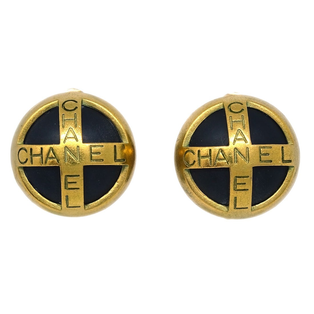 Chanel 94A Clip-On Button Earrings Black Gold Gold-Plated (1 of 4)