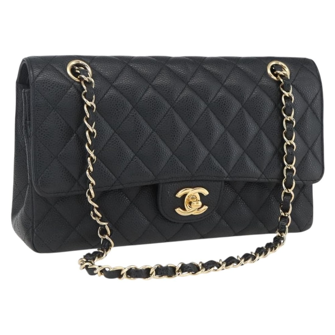CHANEL Matelasse 25 Shoulder Bag Black Caviar Skin Gold CC Auth 17368565: CHANEL Matelasse 25 Shoulder Bag Black Caviar Skin Gold CC Auth 17368565 This exquisite CHANEL Matelasse 25 Chain Bag is crafted from luxurious grained calfskin, showcasing a timeless black and gold c