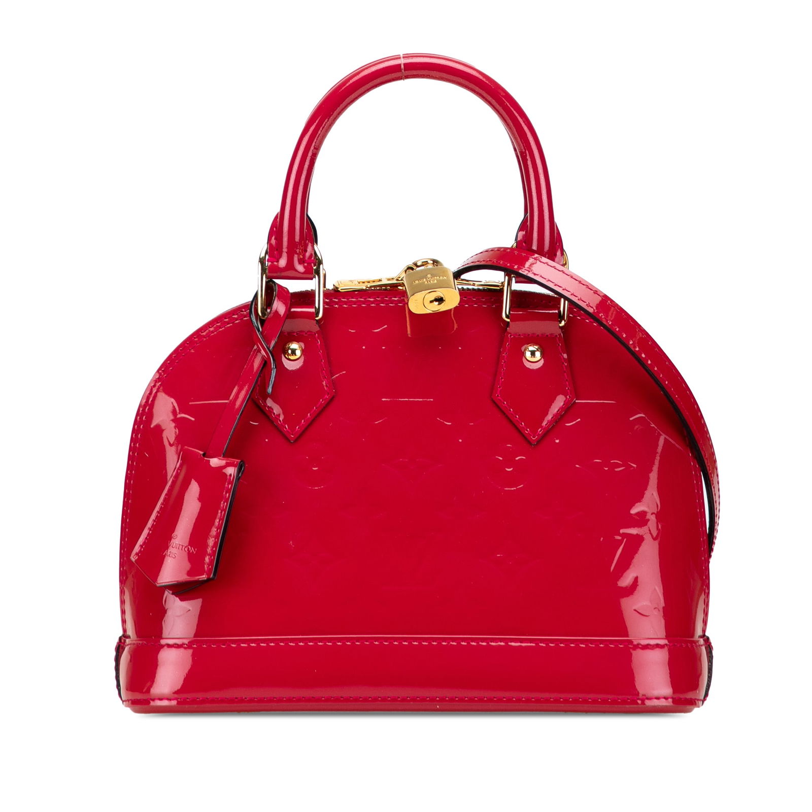 Louis Vuitton Monogram Vernis Alma BB Red Leather Bag: Louis Vuitton Monogram Vernis Alma BB Red Leather Bag Introducing the stunning Louis Vuitton Monogram Vernis Alma BB, a chic and sophisticated bag that elevates any outfit. Crafted from luxurious mono