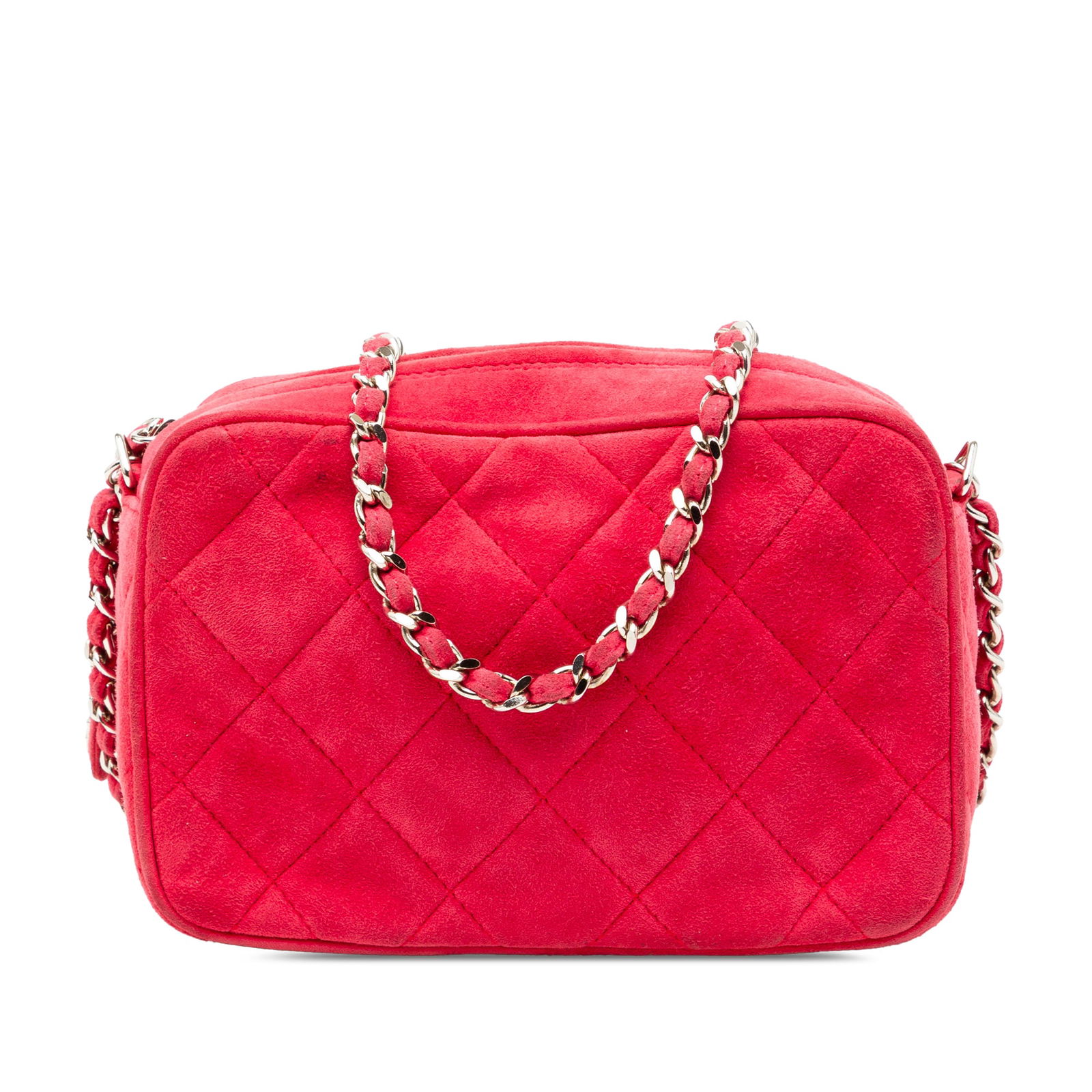 Red Chanel Suede Crossbody Camera Purse with Quilted Design: Red Chanel Suede Crossbody Camera Purse with Quilted Design This Chanel Quilted Suede Camera Bag features a red suede body with a quilted design, a suede-woven chain strap for crossbody wear, a top zi