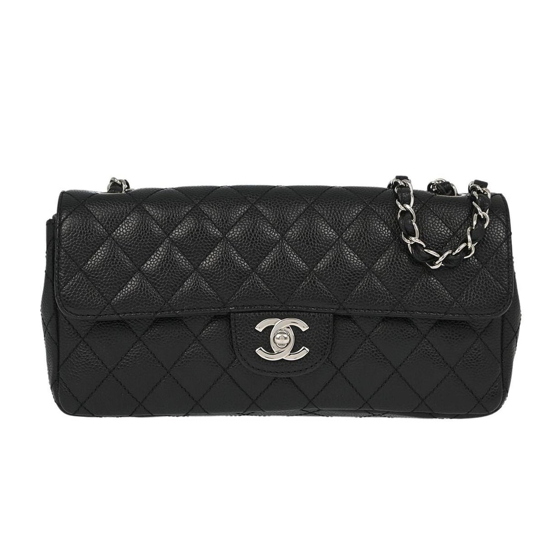 Chanel Black Caviar East West Shoulder Bag with Chain Strap: Chanel Black Caviar East West Shoulder Bag with Chain Strap This elegant Chanel Black Calfskin East West Shoulder Bag is a perfect accessory for casual occasions. The bag features a stylish matelasse