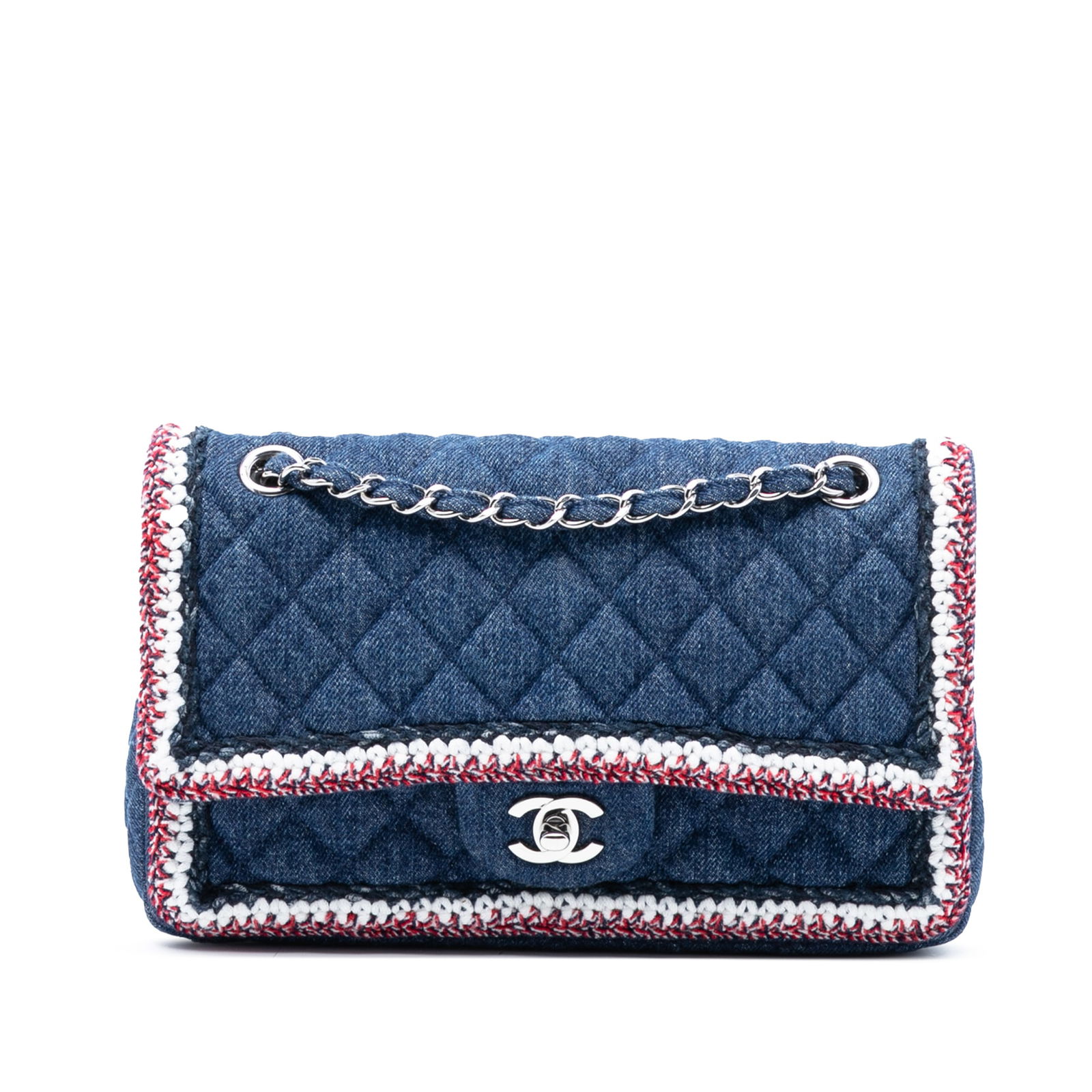 Chanel Blue Denim Shoulder Bag with Braided Trim and Single Flap: Chanel Blue Denim Shoulder Bag with Braided Trim and Single Flap This Chanel Medium Classic Denim Braided Single Flap shoulder bag features a denim body accented with tweed trim, denim-woven chain lin