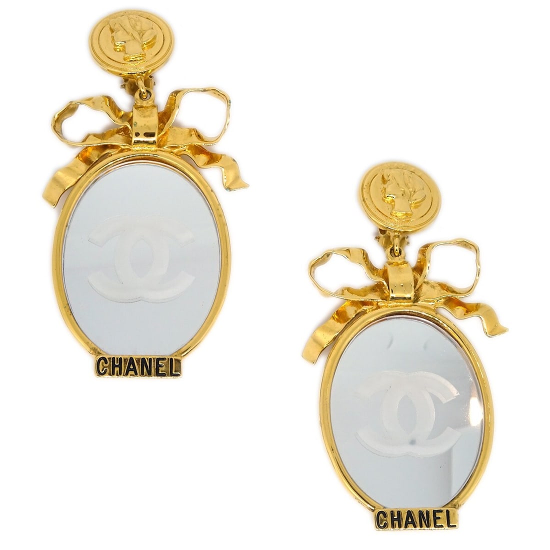 Chanel Gold-Plated Clip-On Mirror Dangle Earrings (1 of 4)